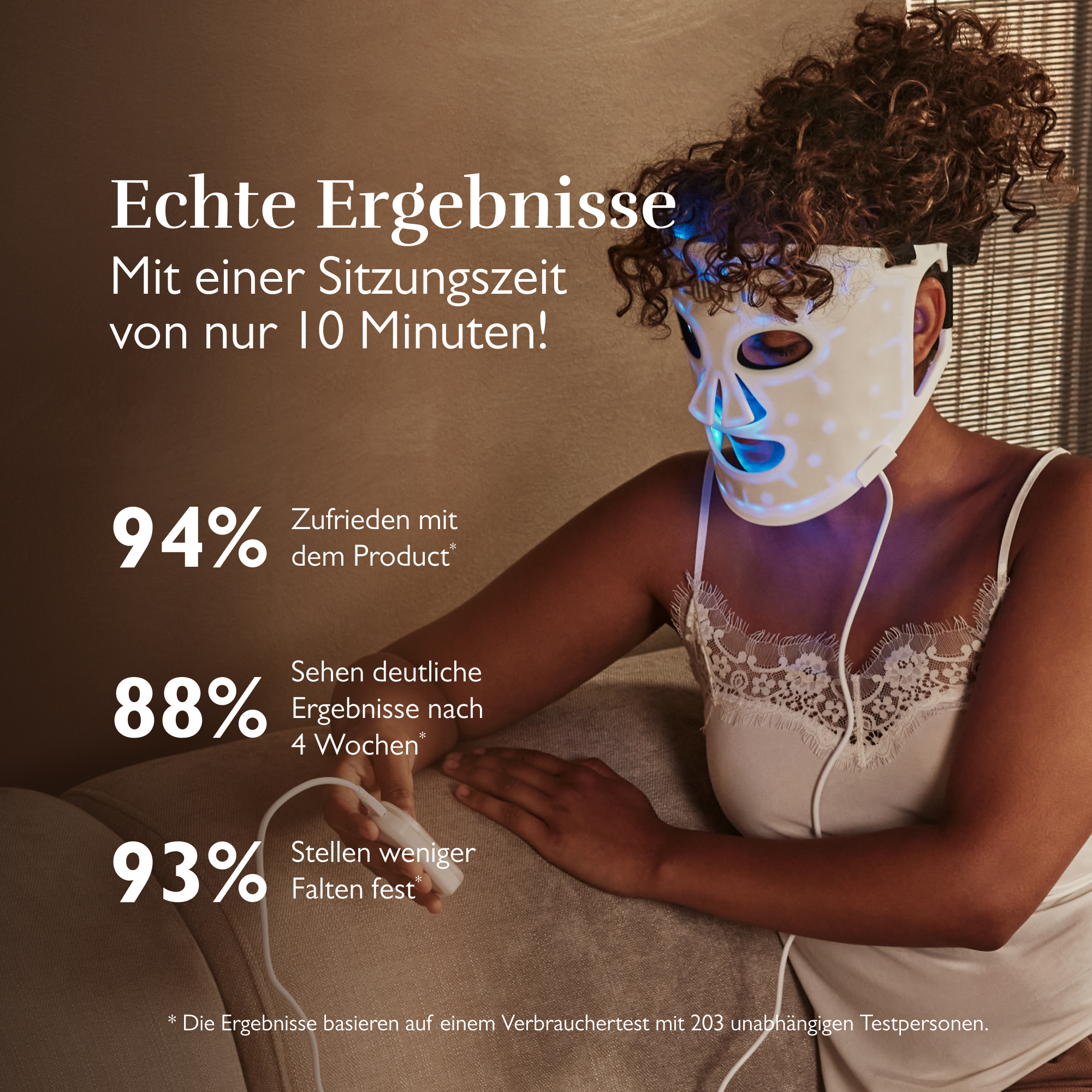 Frau mit leuchtender Maske, 94% zufrieden, 88% sehen Ergebnisse nach 4 Wochen.