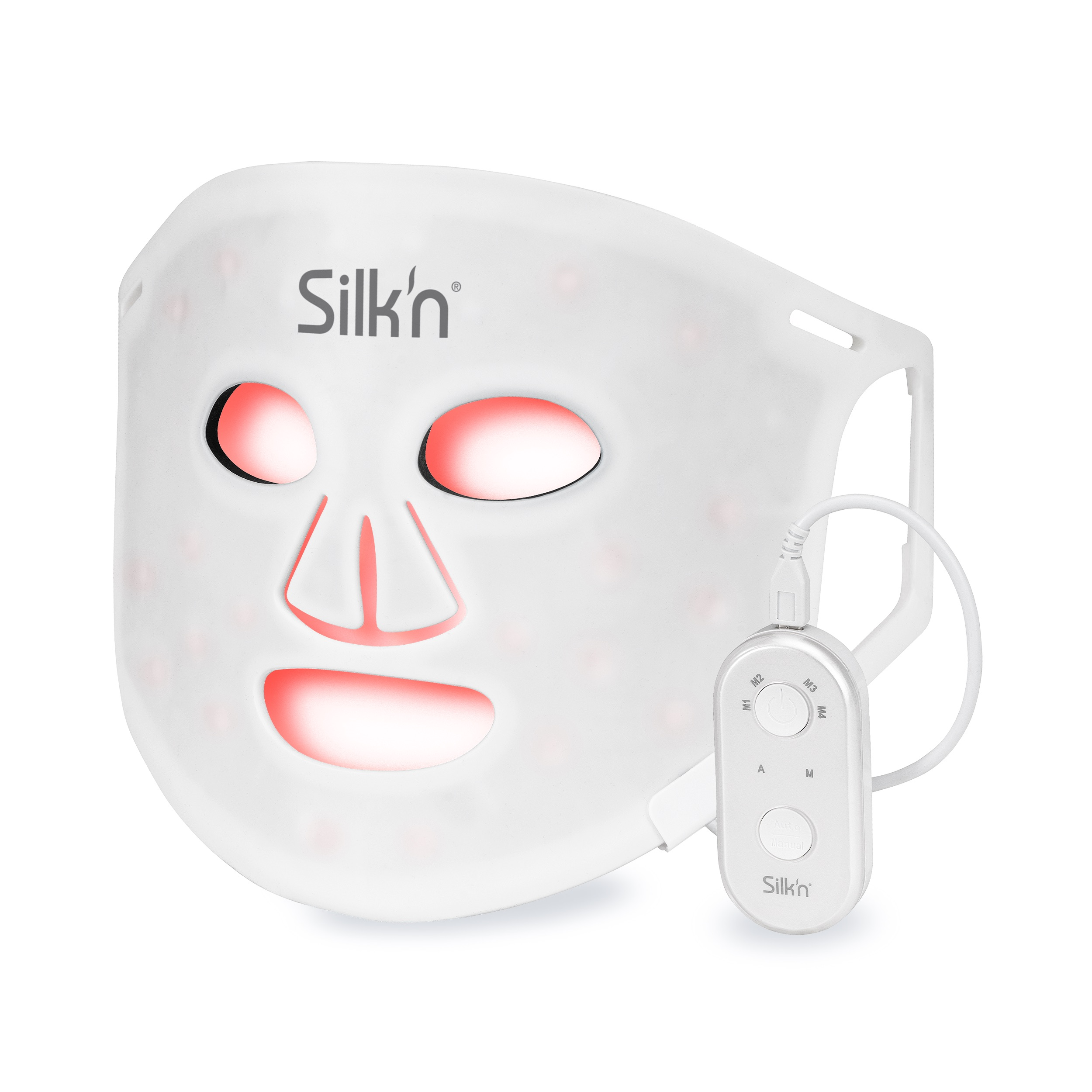 Weiße LED-Gesichtsmaske mit roten Lichtern und einem Steuergerät.