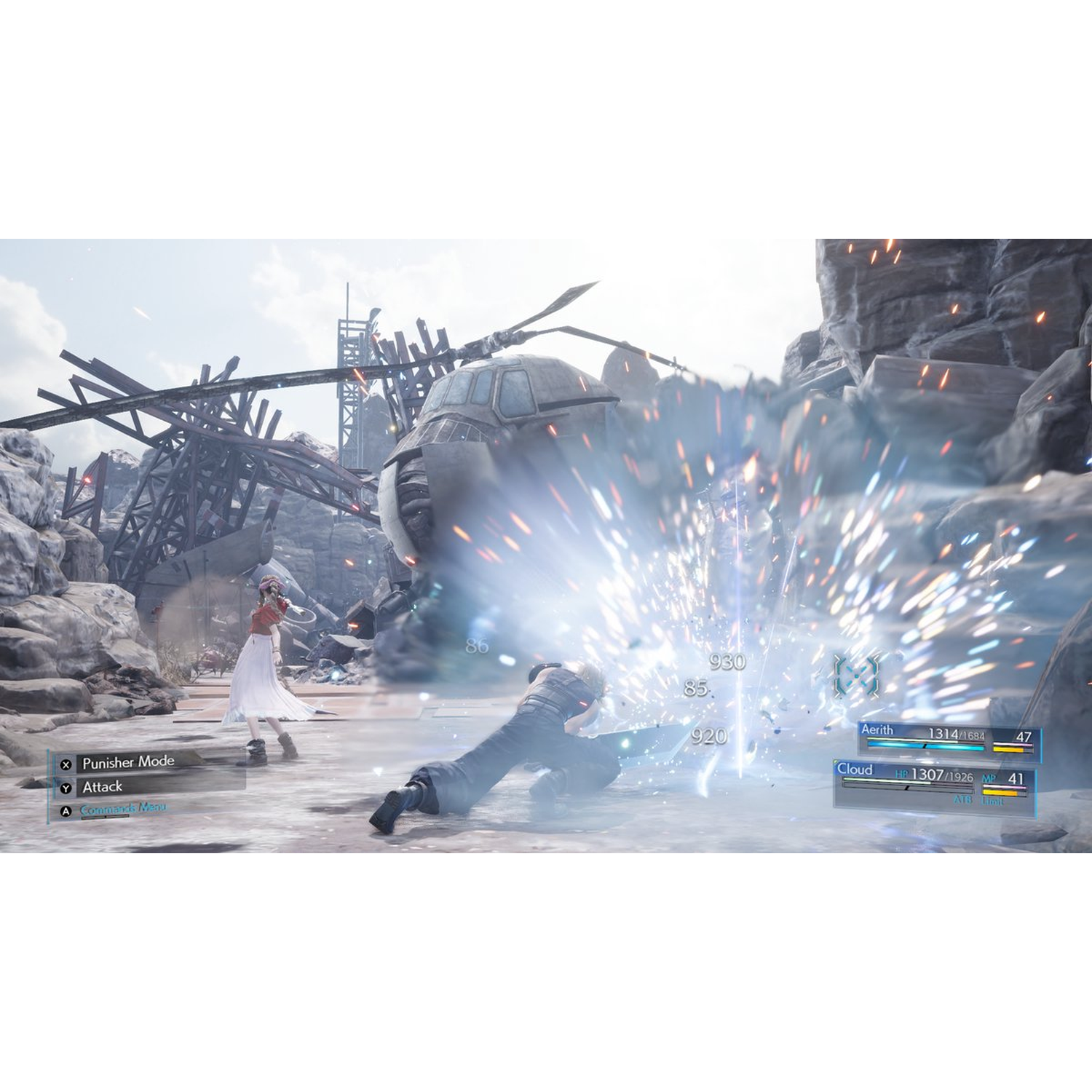 Cloud and Aerith fight a wreckage with sparks flying.