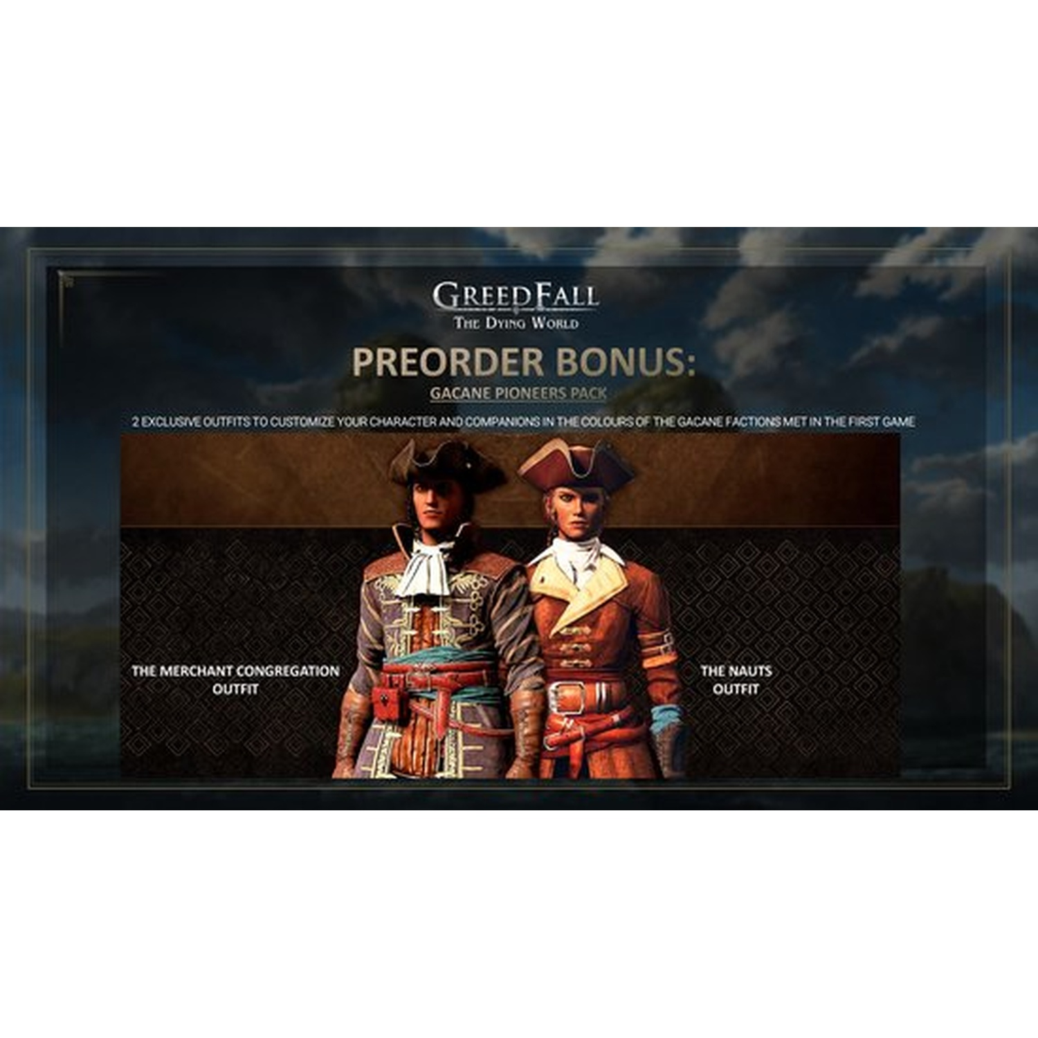 GreedFall Preorder Bonus afbeelding met twee personages in "Gacane Pioneers Pack" outfits, Merchant Congregation en Nauts.