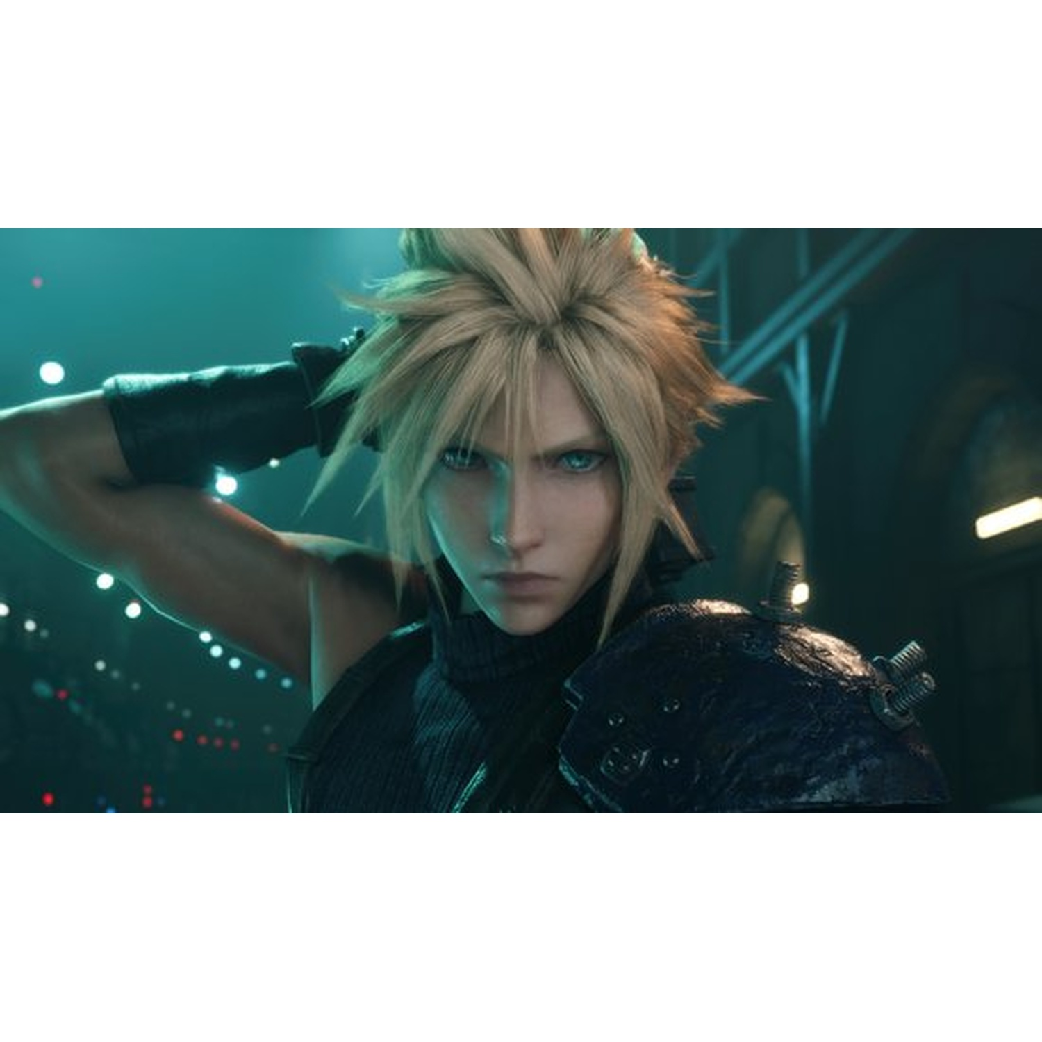 Cloud Strife avec cheveux blonds, yeux bleus et épaulette.