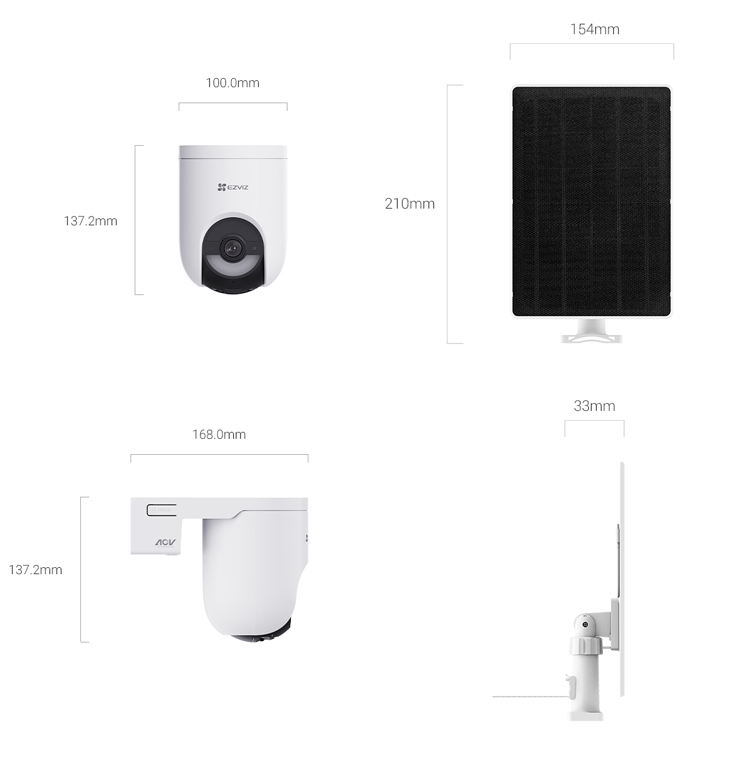 Technische Zeichnung einer weißen Überwachungskamera und eines Solarpanels mit Maßen.