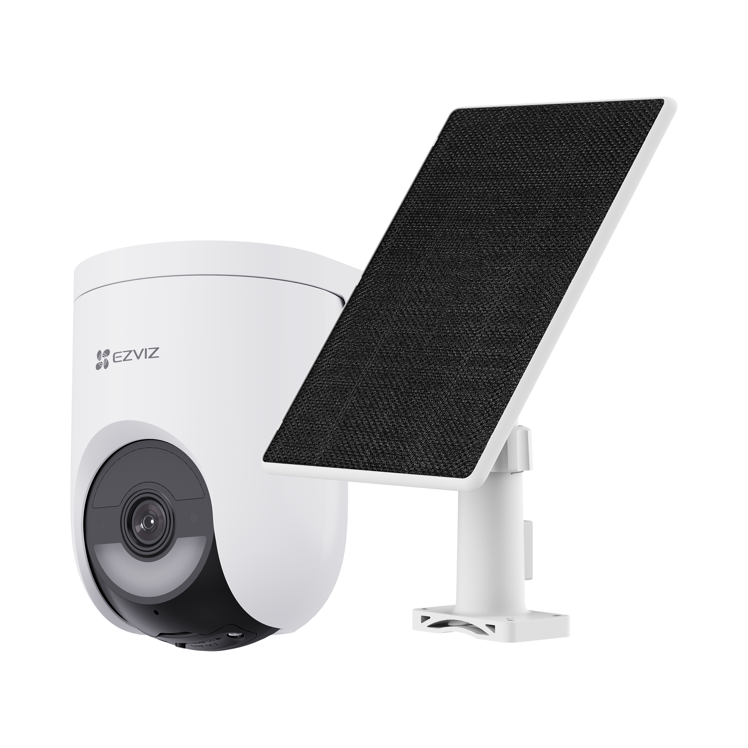 Eine weiße EZVIZ-Überwachungskamera mit einem Solarpanel auf weißem Hintergrund.