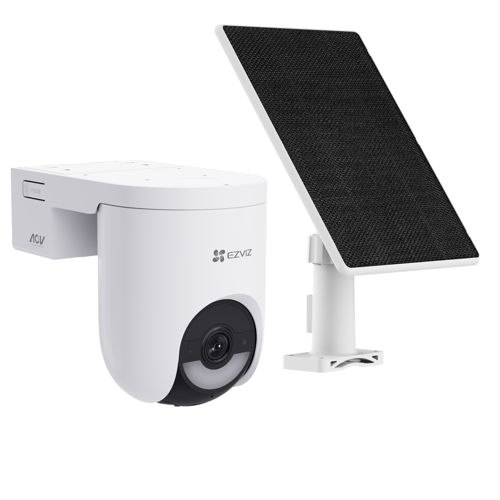 Weiße Überwachungskamera mit Solarpanel, auf weißem Hintergrund.