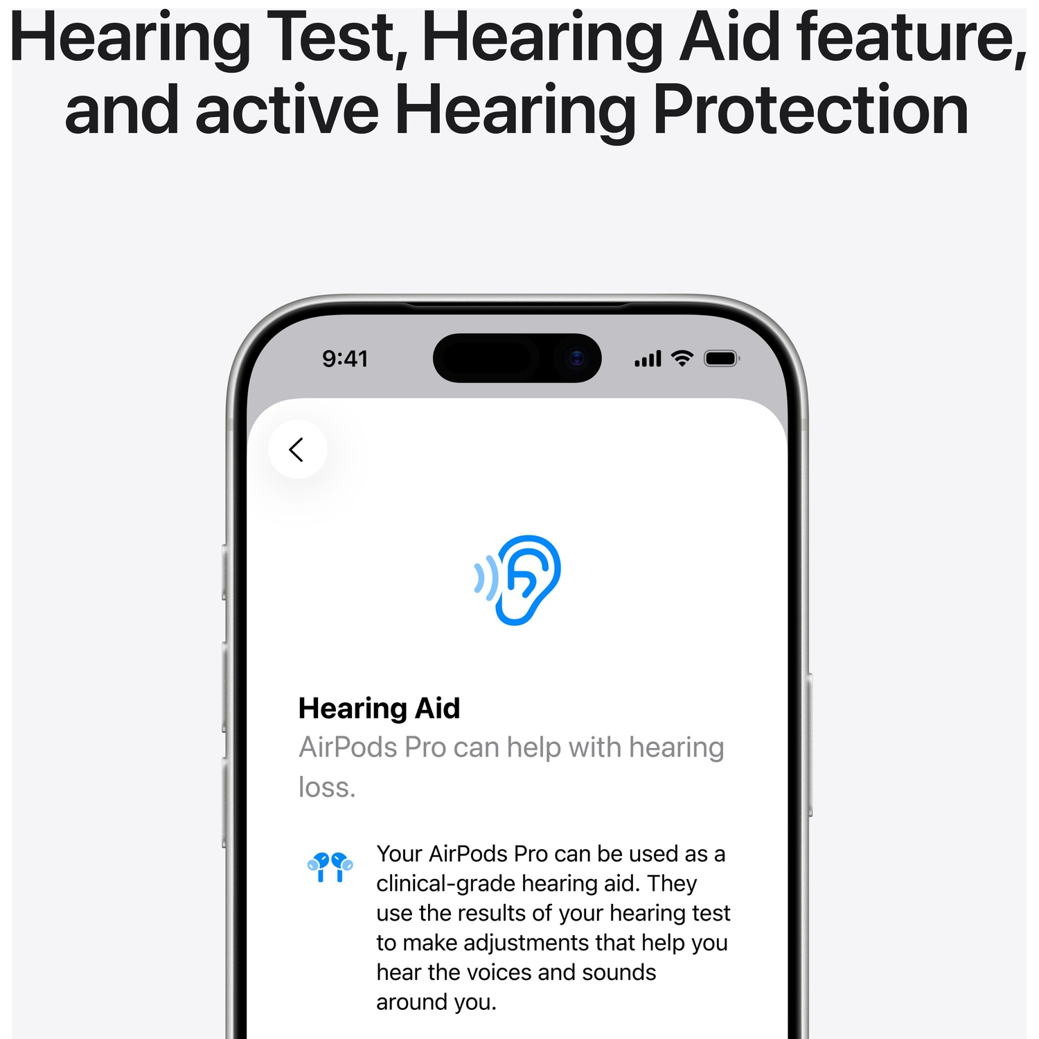 An iPhone displays a hearing aid feature app with an ear icon.