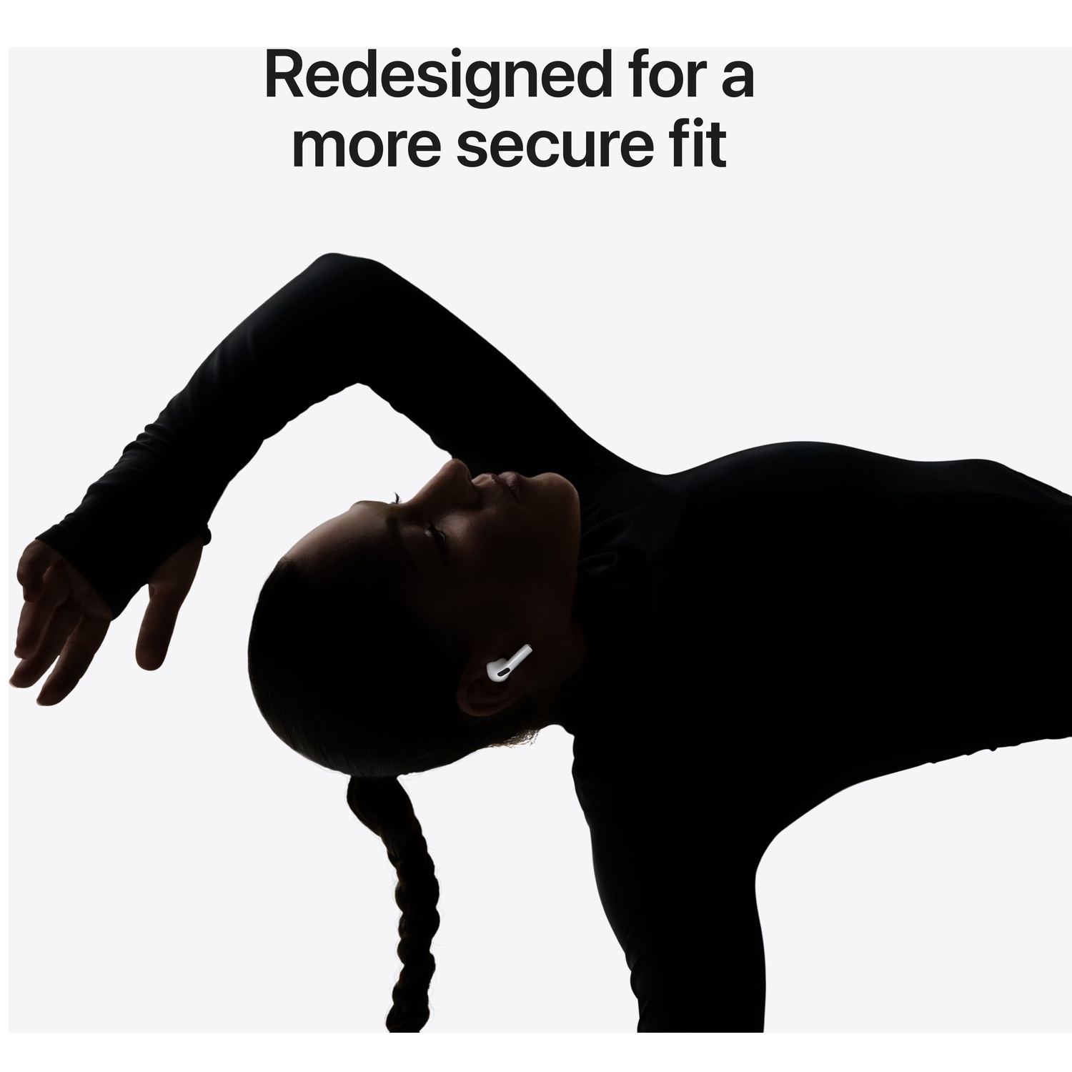 Silhouette of a woman stretching with earbuds. White background.