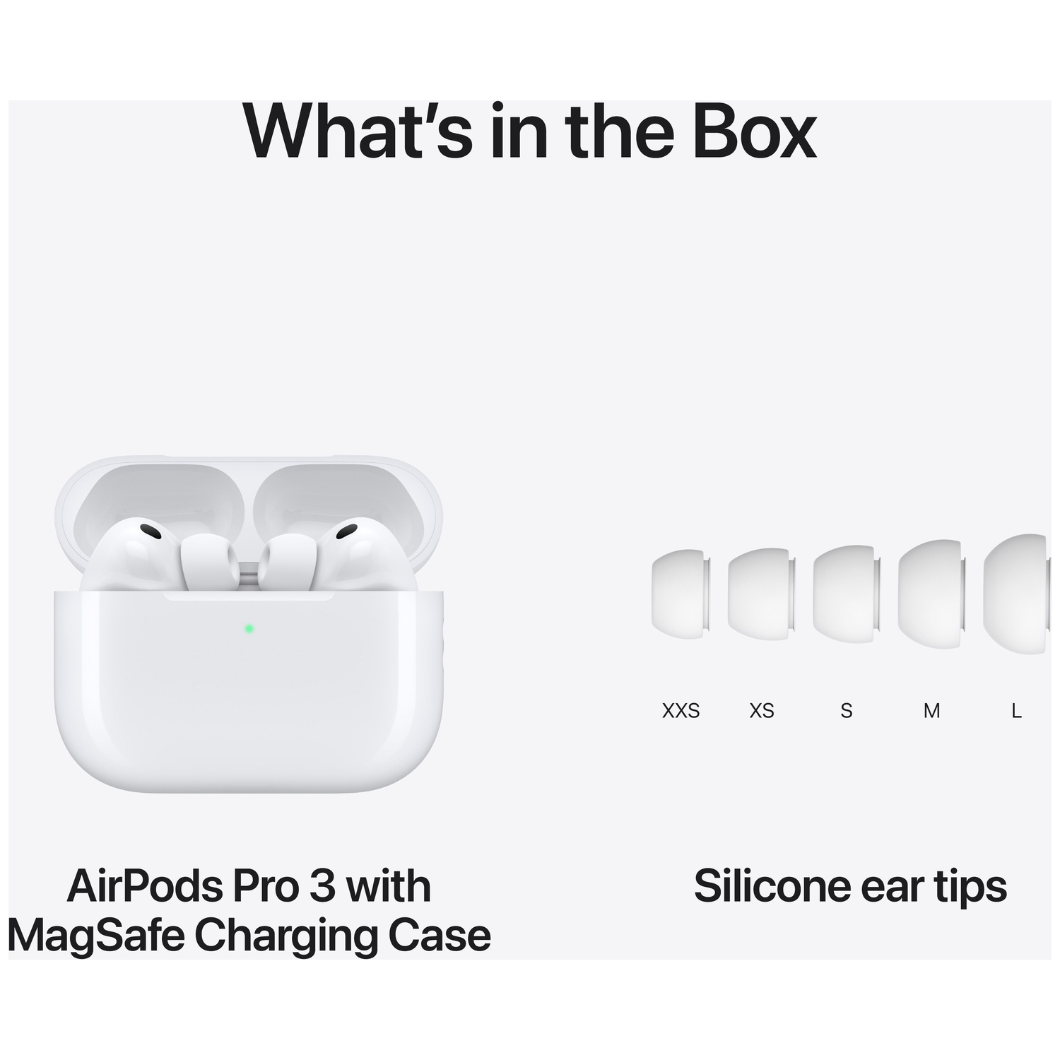 AirPods Pro 3 with MagSafe case and silicone ear tips of various sizes.