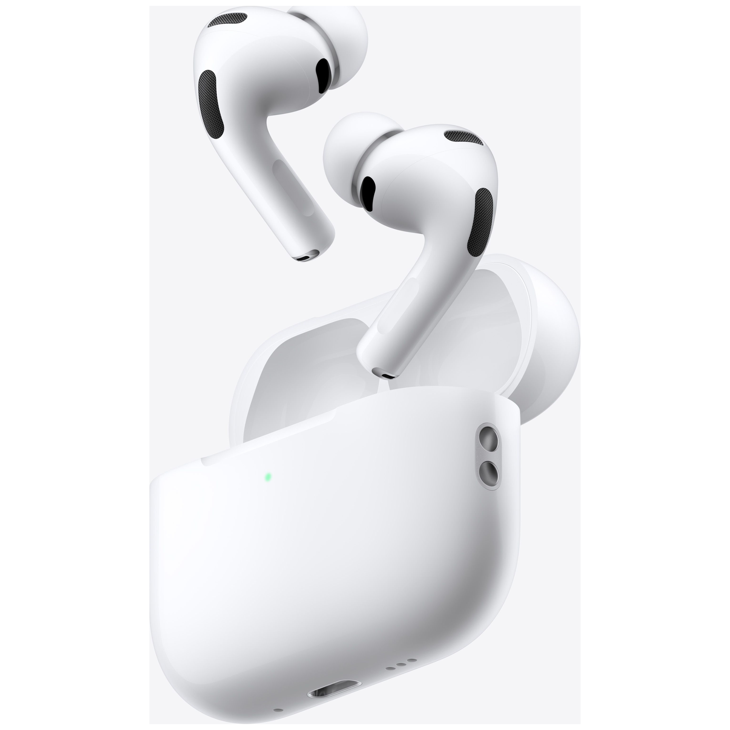 Witte AirPods Pro met oplaadcase. Eén oordopje zit in de case.