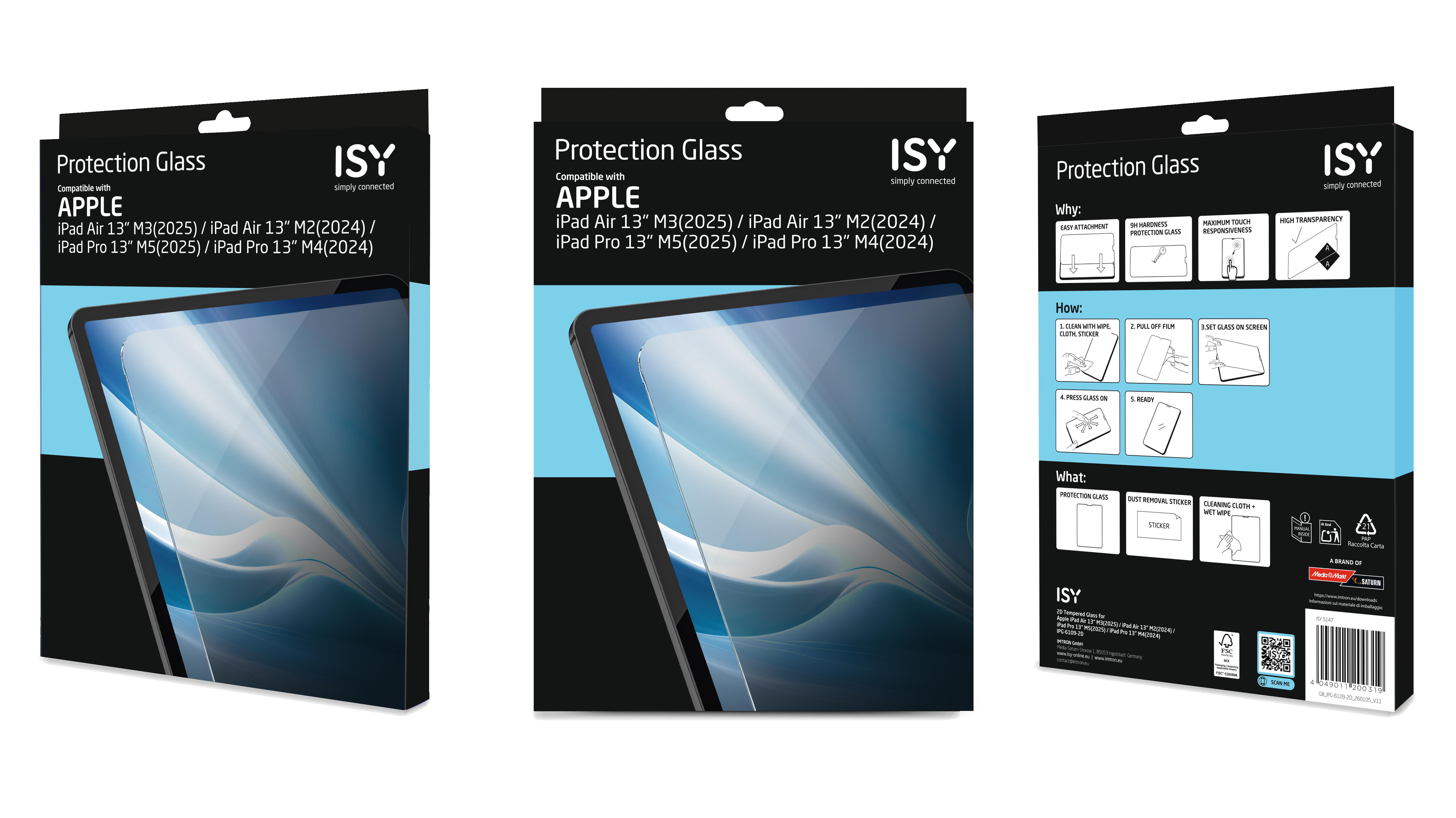 Verpackung für Displayschutzfolie für Apple iPads mit ISY-Logo und Produktbild.