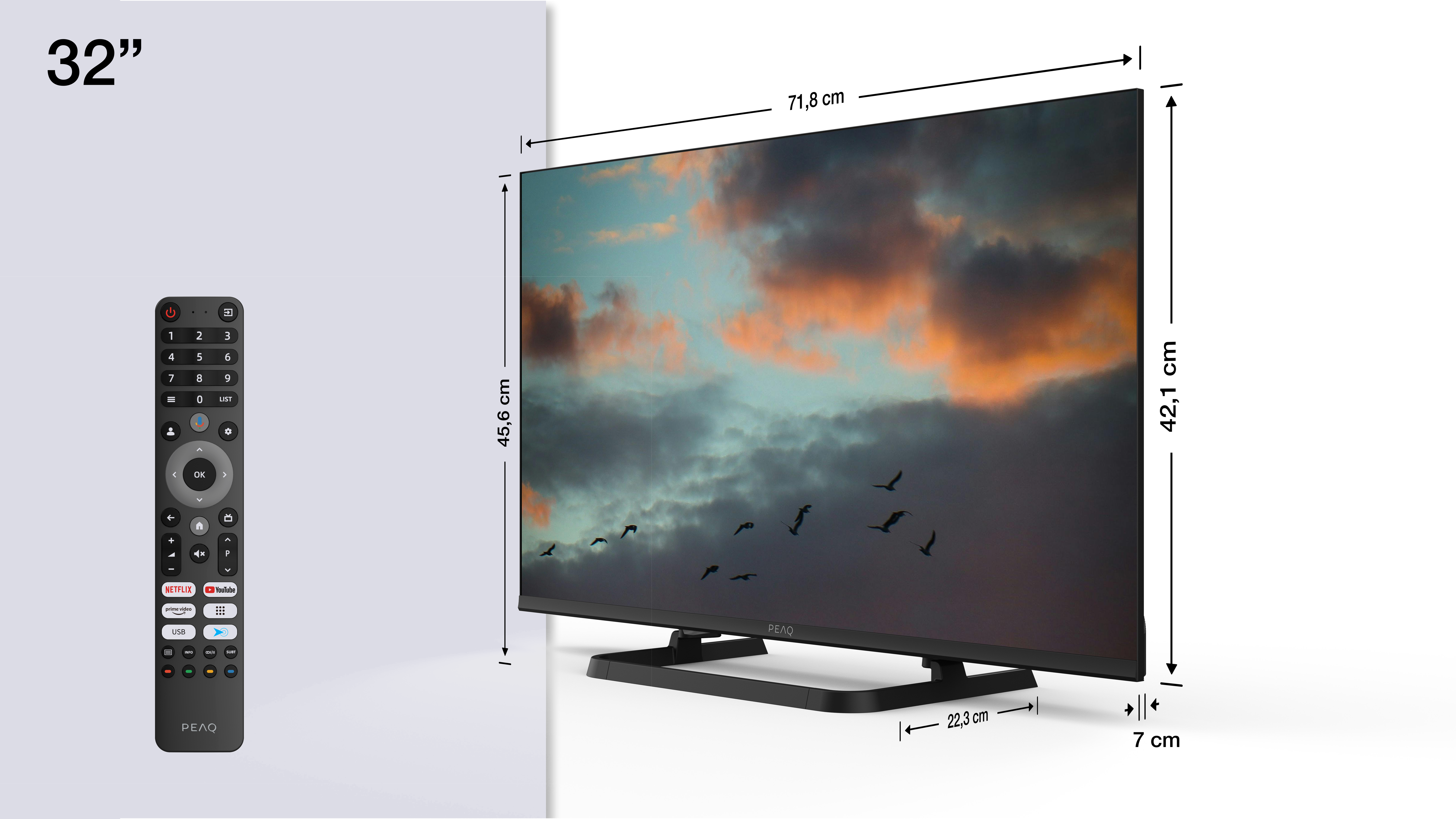 32-Zoll-Fernseher mit Fernbedienung, Maße sind angegeben.