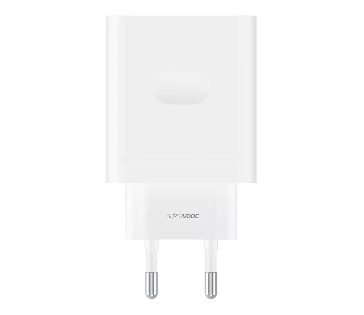 Un enchufe de carga SuperVOOC blanco con dos clavijas metálicas.
