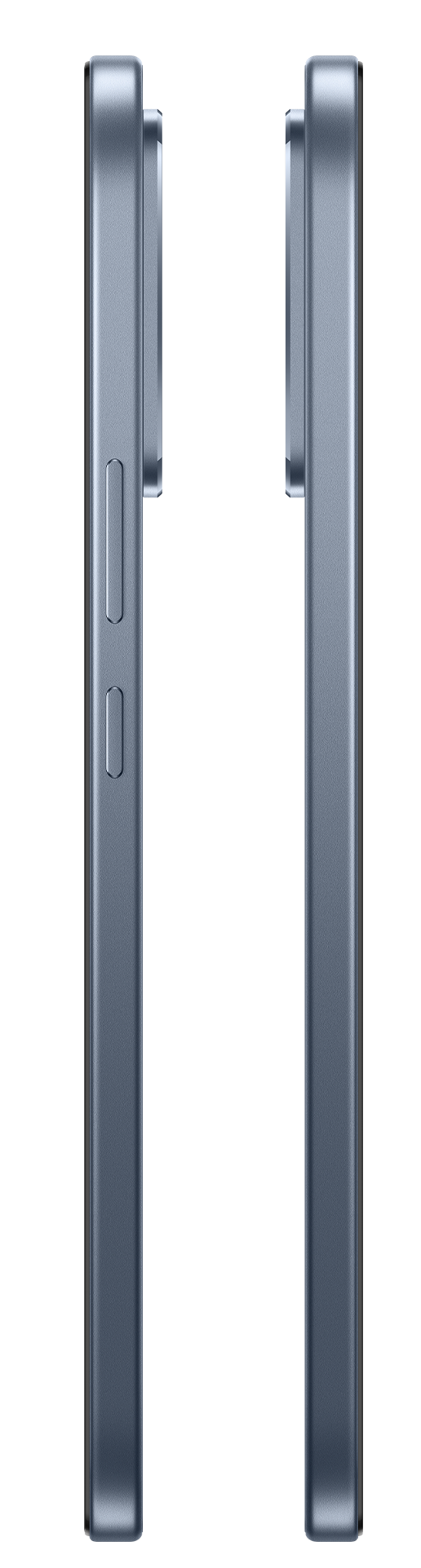 Dwa niebieskie smartfony obok siebie, widok z boku.