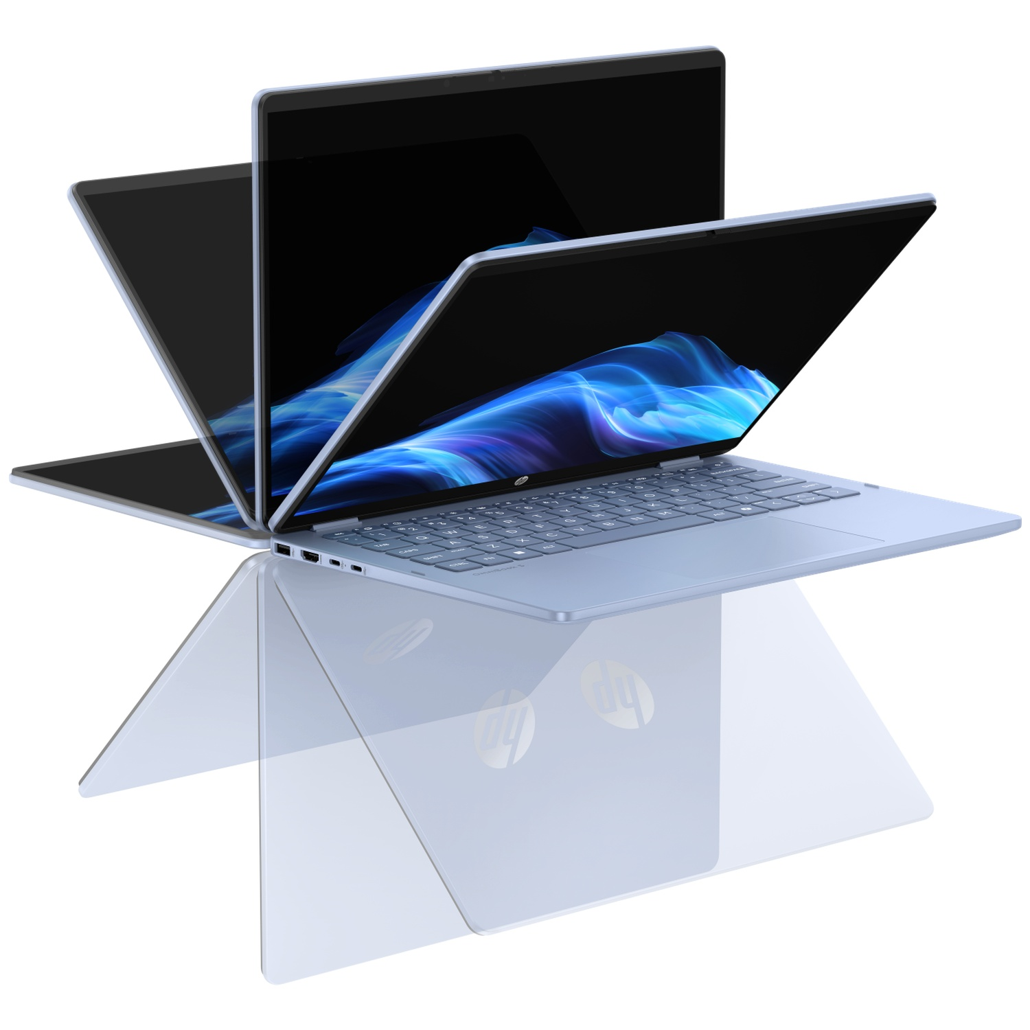 A light blue laptop is shown from multiple angles, open with a blue abstract wallpaper.