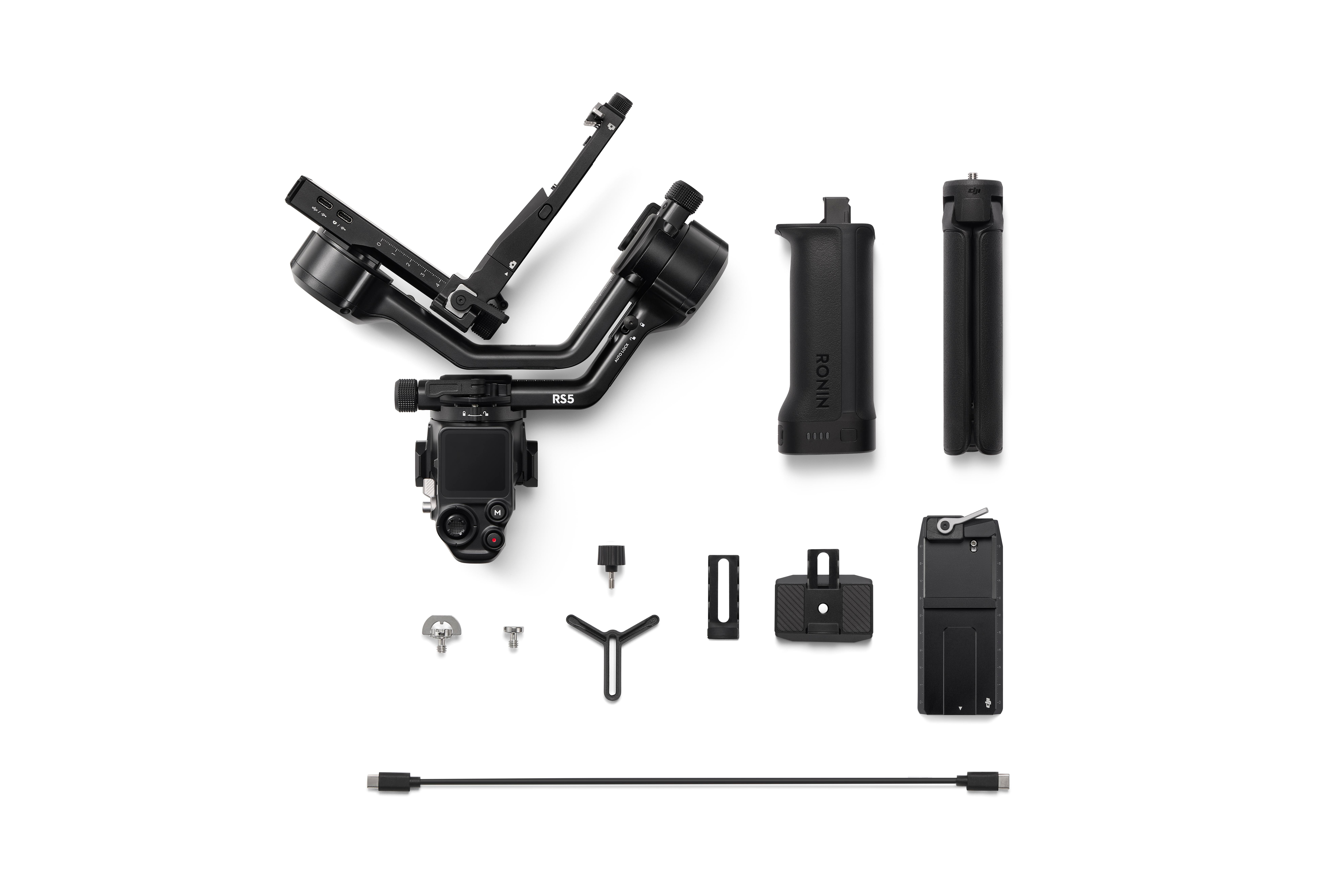Ein Gimbal-Stabilisator mit Zubehör auf weißem Hintergrund.