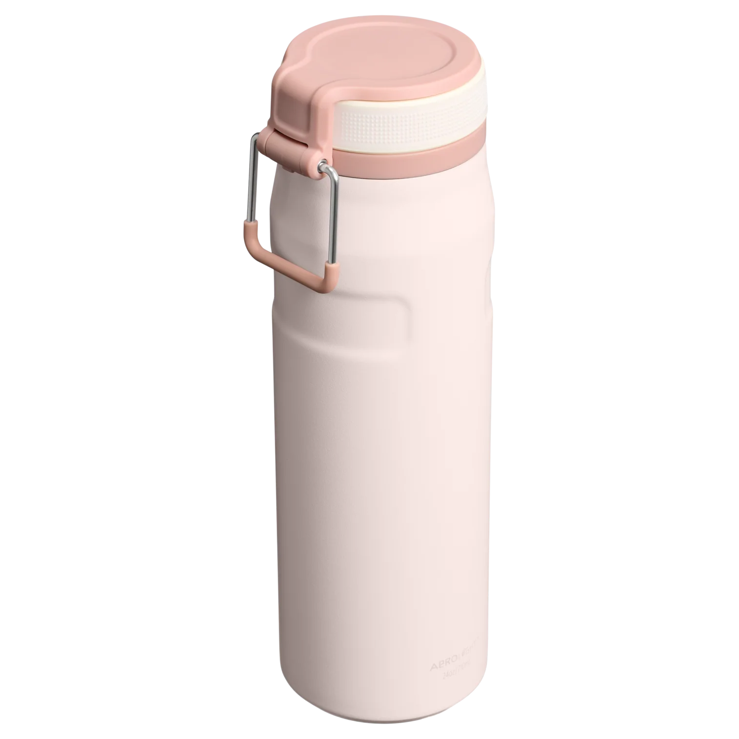 Gümüş saplı ve beyaz halkalı, soluk pembe termos.