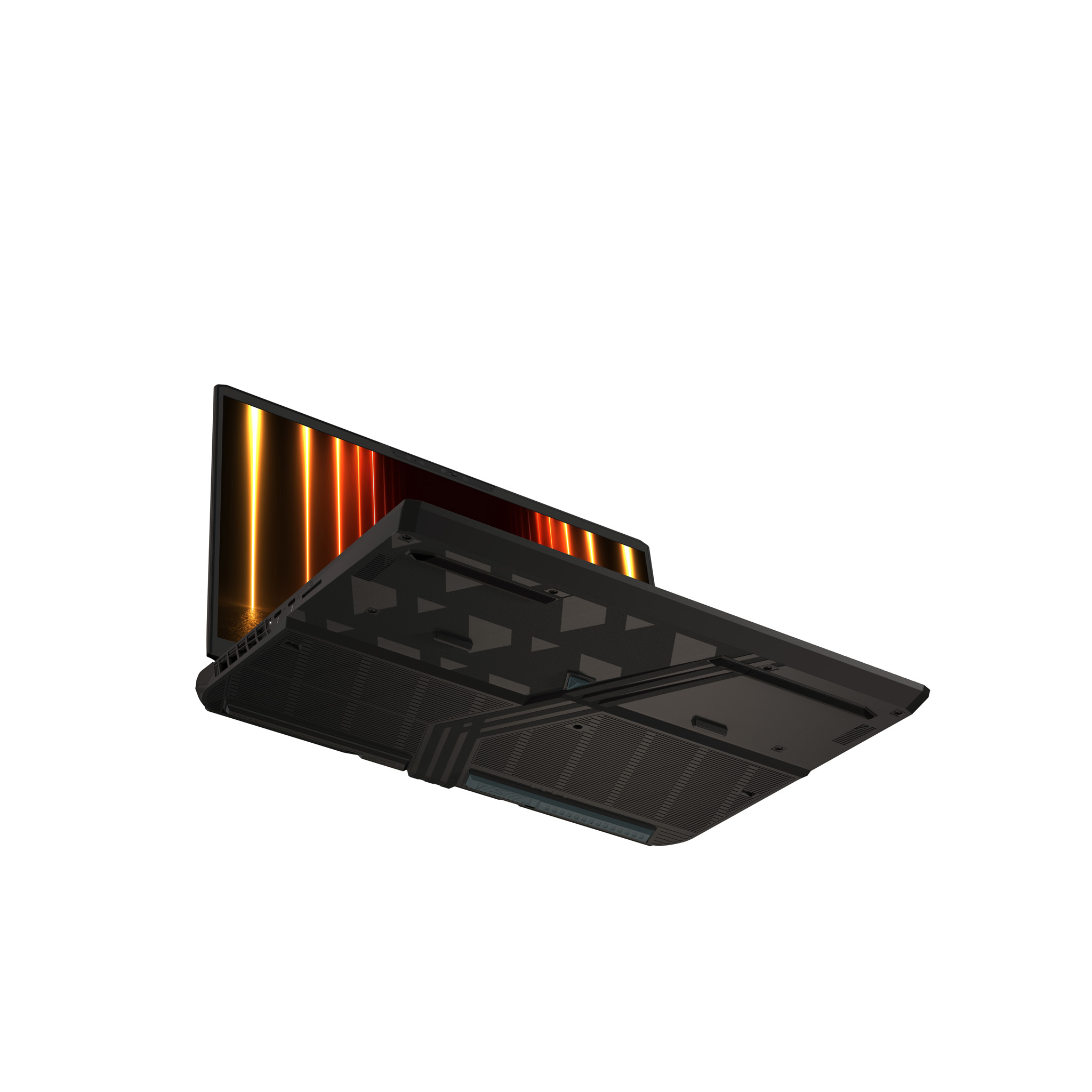 Czarny laptop z podświetlanym ekranem, wyświetlający pionowe pomarańczowe paski.