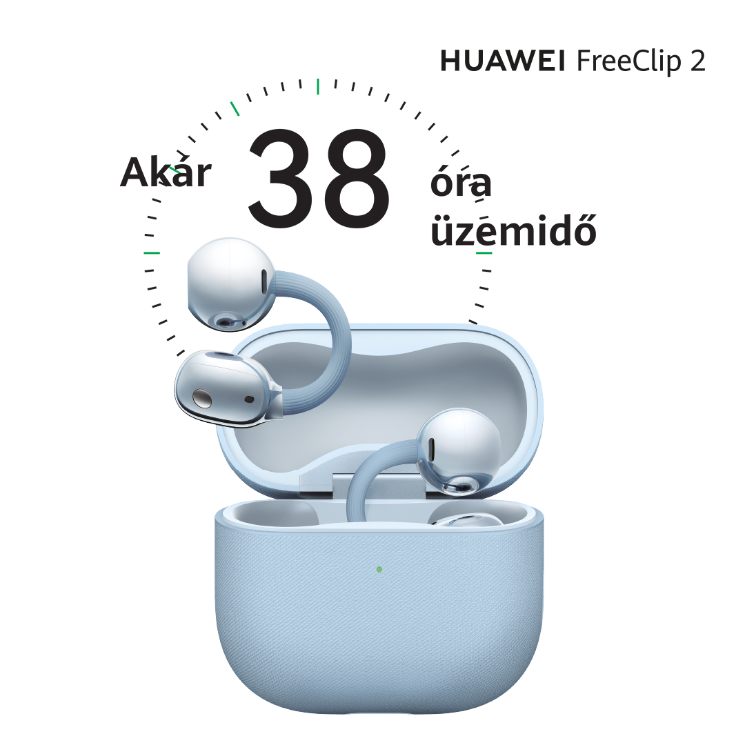 Huawei FreeClip 2 fülhallgató világoskék töltőtokban, 38 óra üzemidővel.
