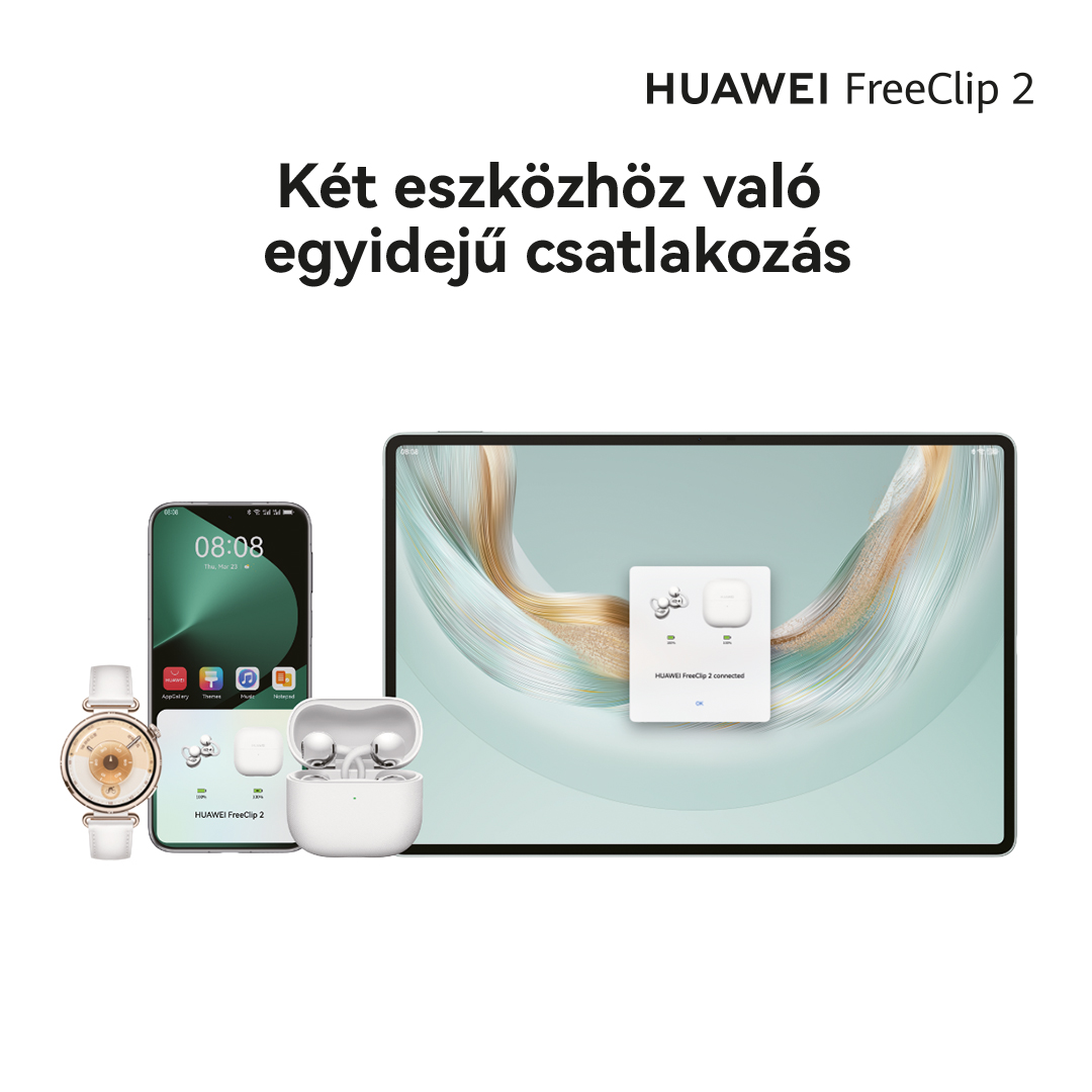 Huawei FreeClip 2 okostelefonnal, okosórával és tablettel. Két eszközhöz csatlakozik.