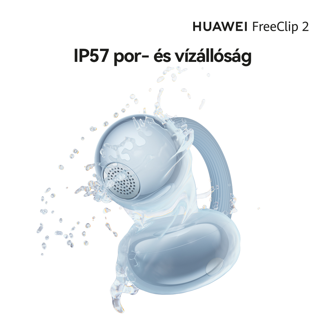 A HUAWEI FreeClip 2 fülhallgatót víz spricceli, IP57-es besorolást mutatva.