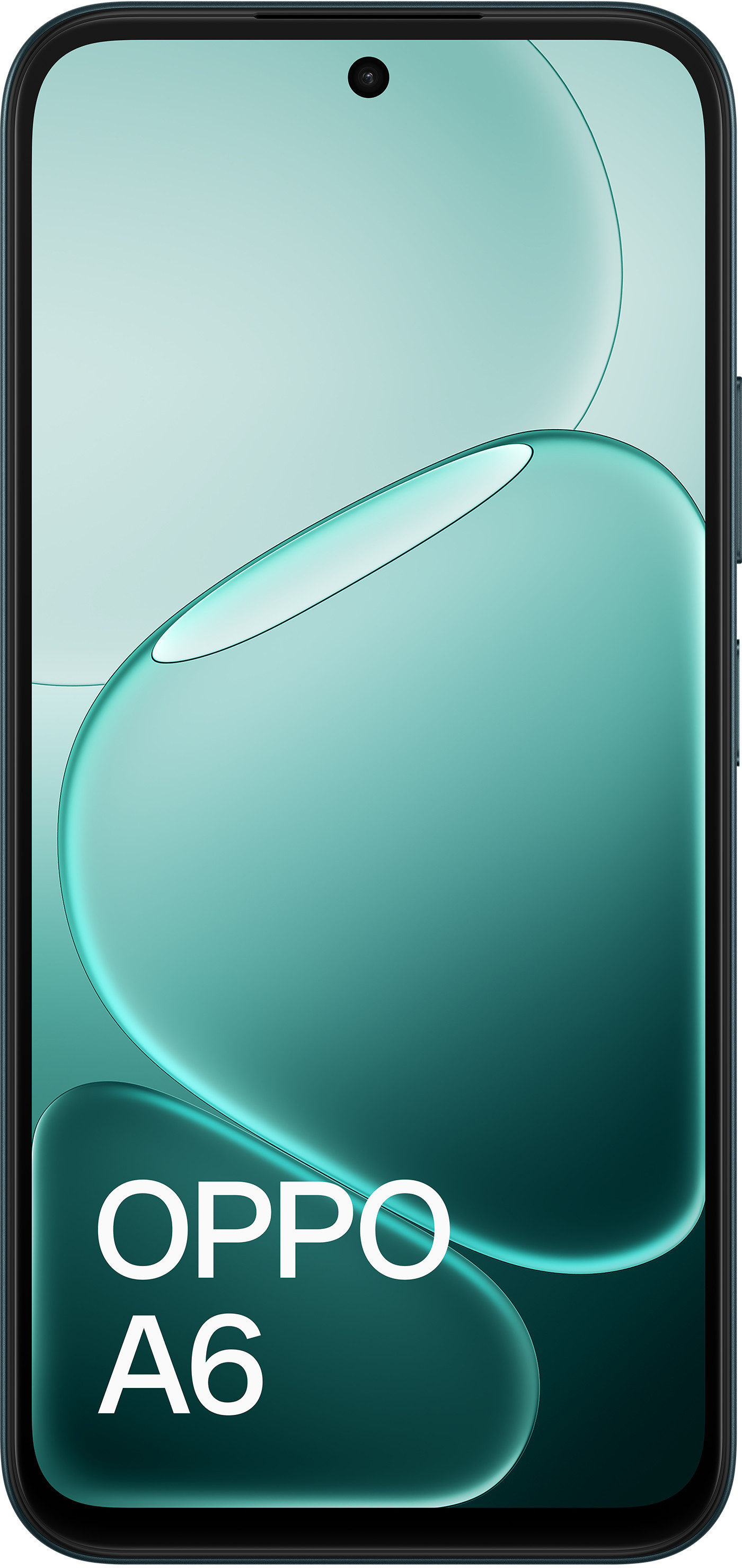 Ciemnoniebieski smartfon OPPO A6 z niebieskim wzorem fal na ekranie.