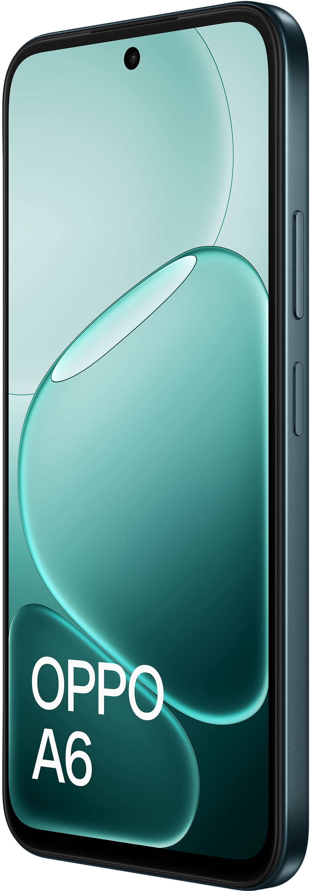 Ciemnoszary smartfon OPPO A6 na turkusowym tle.