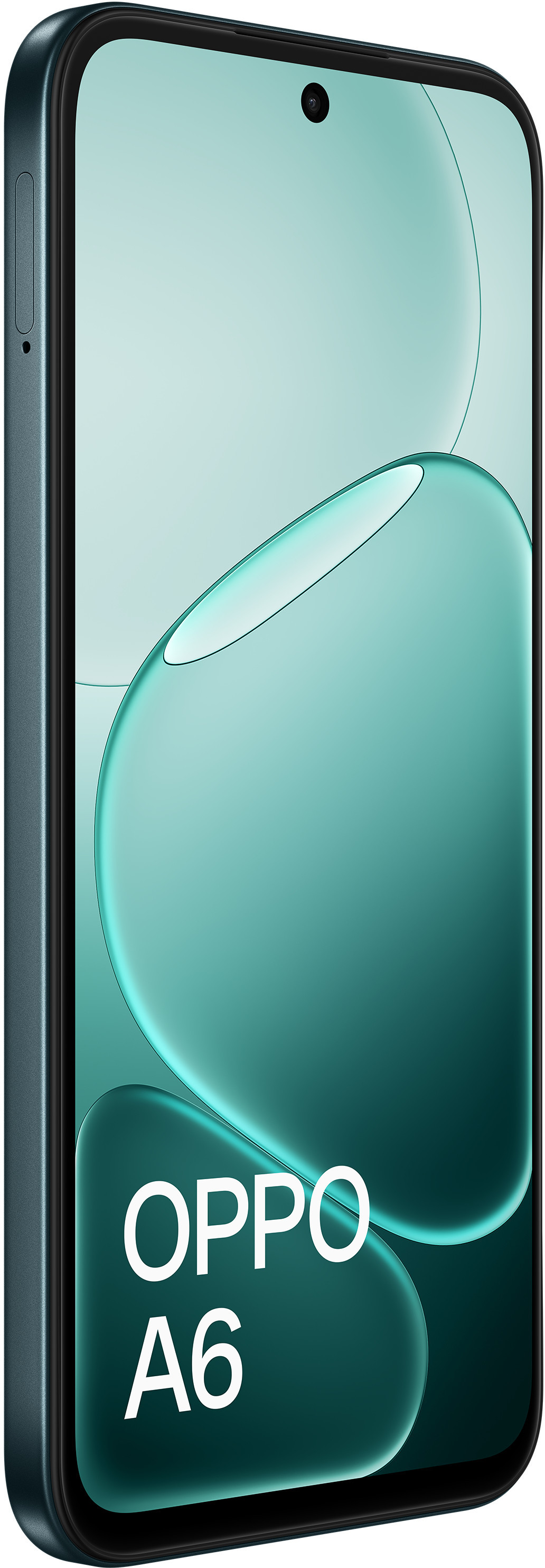 Ciemnozielony smartfon OPPO A6 z centralnym aparatem do selfie i falistym wzorem.