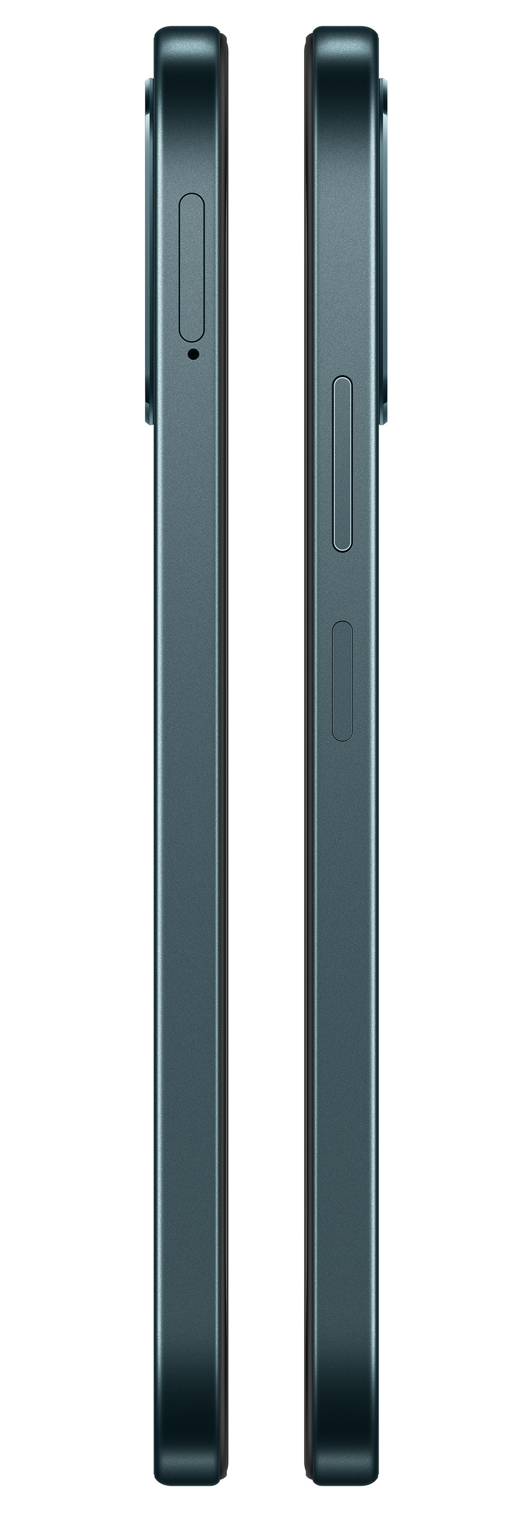 Dwa ciemne widoki boczne smartfona z białymi detalami tła.