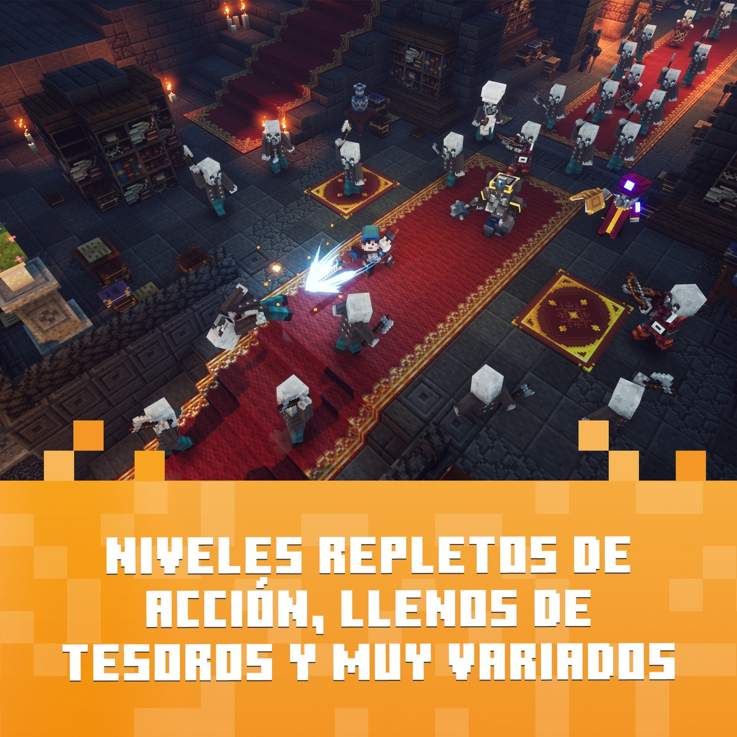 Escena de Minecraft Dungeons con mazmorra y héroe luchando contra numerosos enemigos. Niveles repletos de acción, llenos de tesoros y muy variados.
