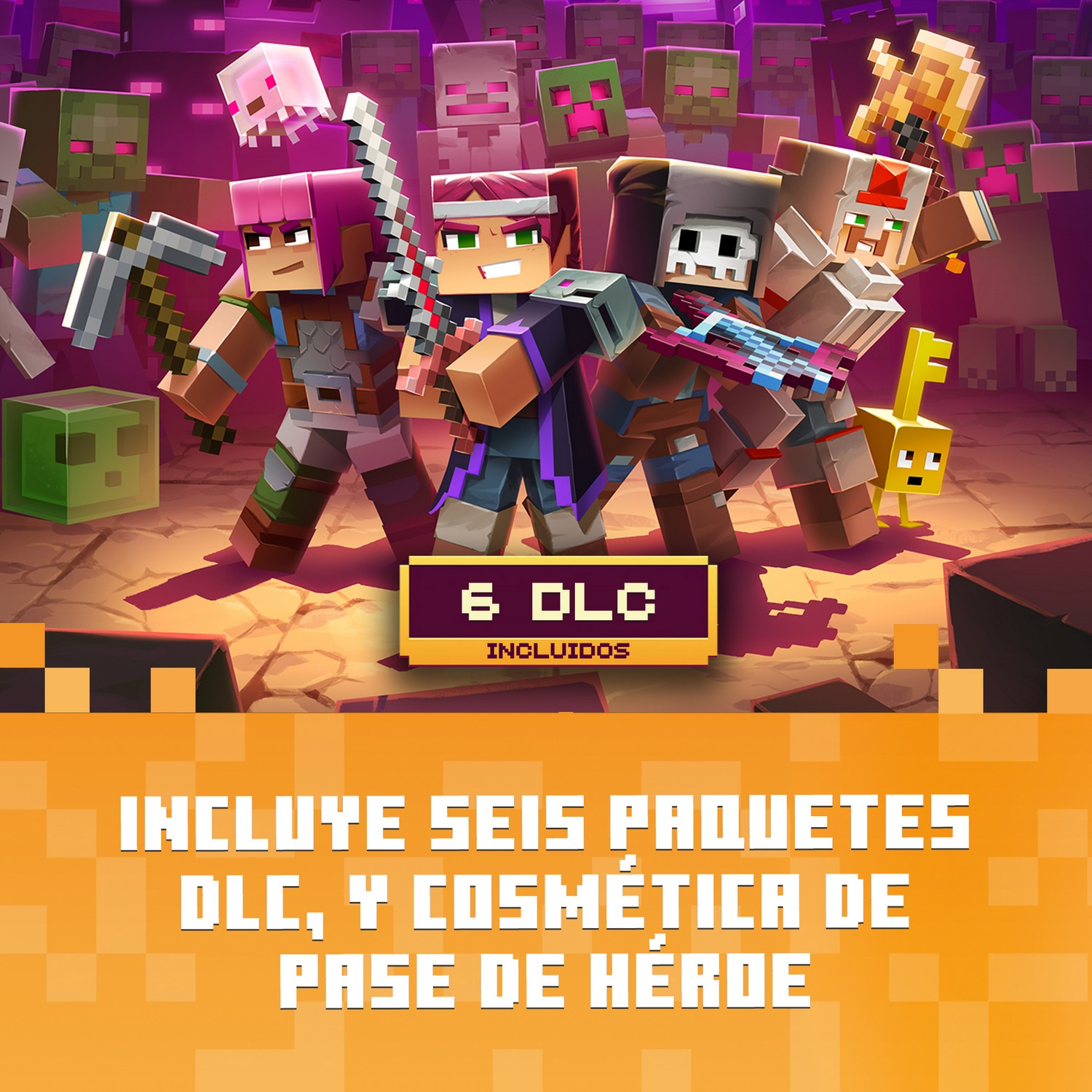Personajes de Minecraft Dungeons armados rodeados de monstruos. 6 DLC incluidos: Incluye seis paquetes DLC y cosmética de pase de héroe.