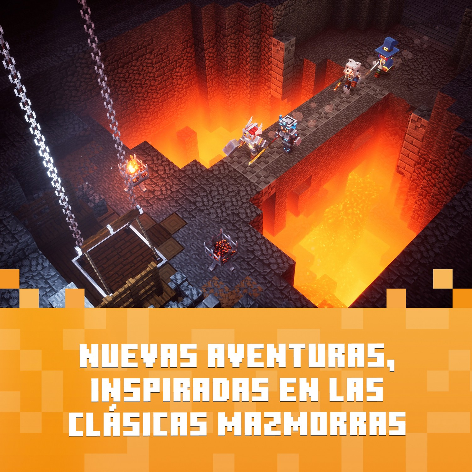 Escena de Minecraft Dungeons con héroes cruzando un puente sobre lava en una mazmorra. Nuevas aventuras, inspiradas en las clásicas mazmorras.