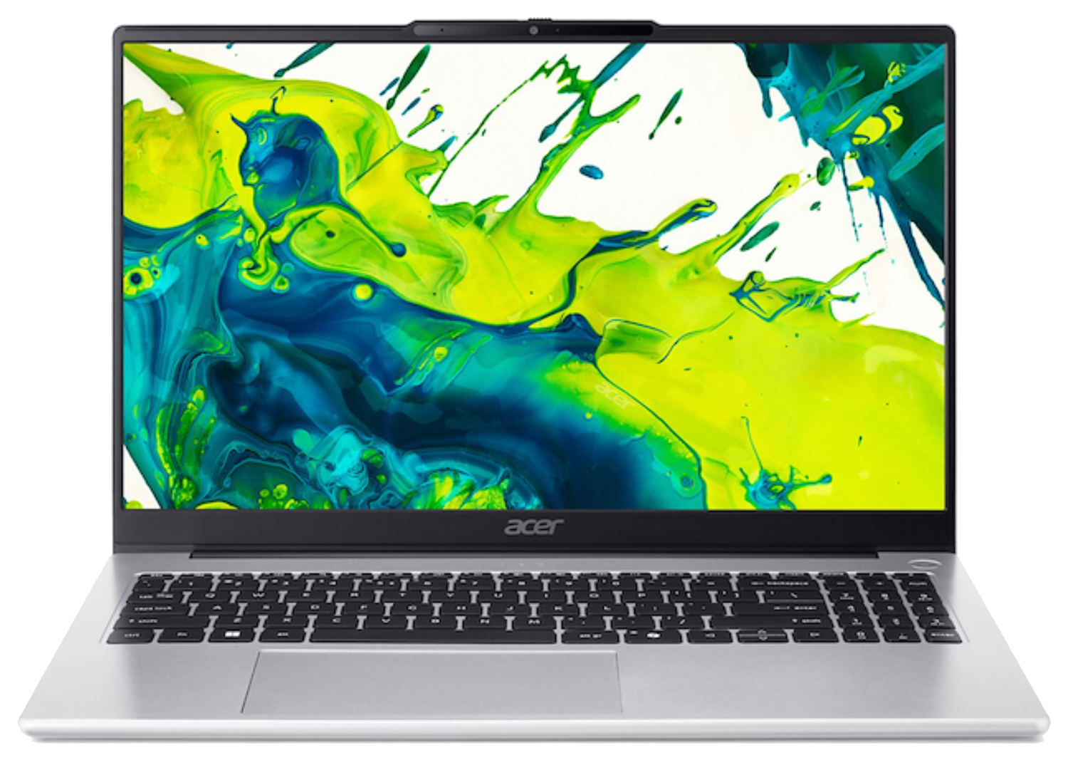 Un portátil Acer plateado con una pantalla colorida que muestra salpicaduras de pintura abstractas verdes y azules vibrantes sobre un fondo blanco.