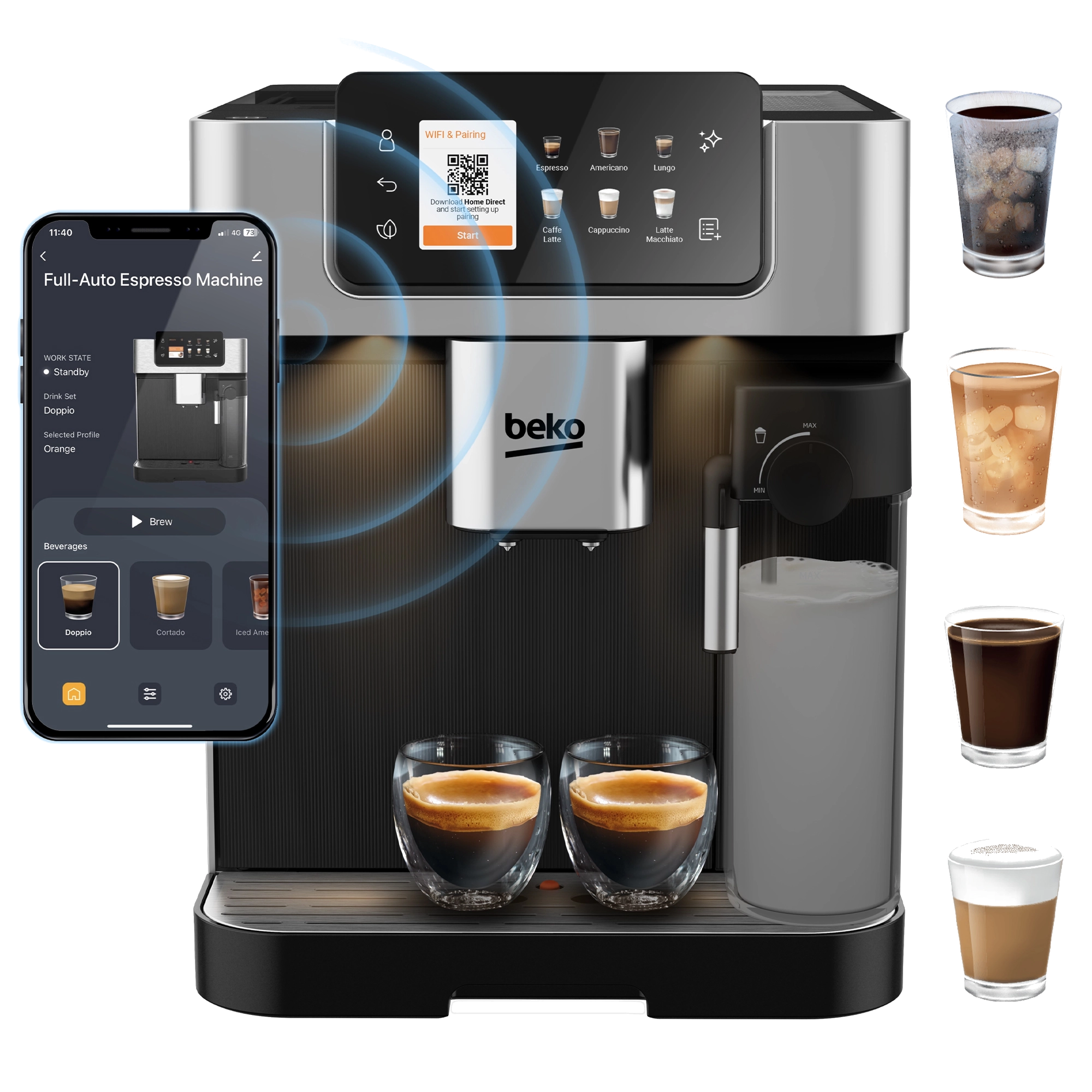 Ekspres do kawy Beko z ekranem dotykowym, smartfonem i napojami kawowymi.