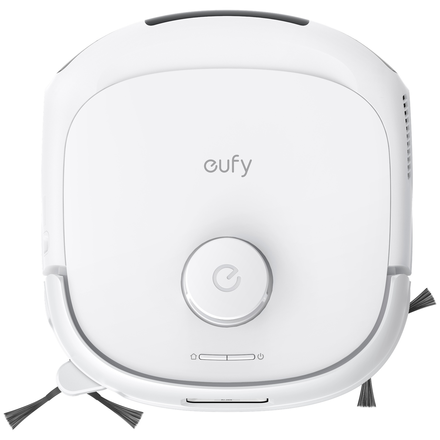 Un aspirateur robot blanc avec brosses et logo Eufy. Bouton central. Vue de dessus.