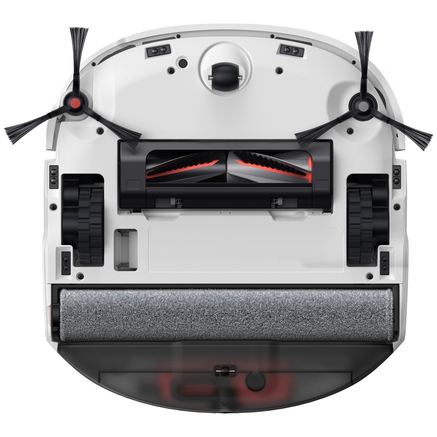 Face inférieure d'un robot aspirateur blanc avec brosses latérales et rouleau principal.