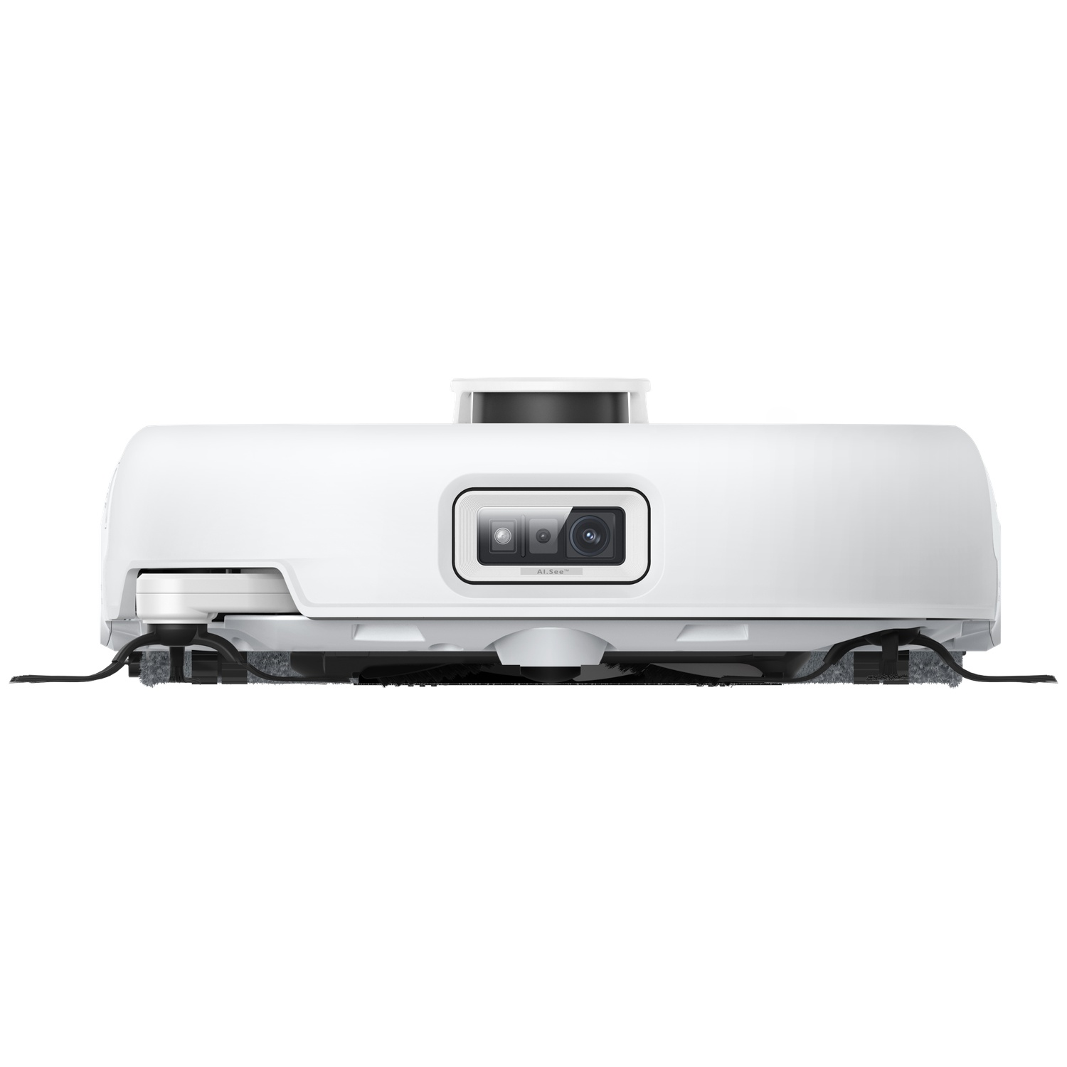 Un aspirateur robot blanc avec caméra et brosses, sur fond blanc.
