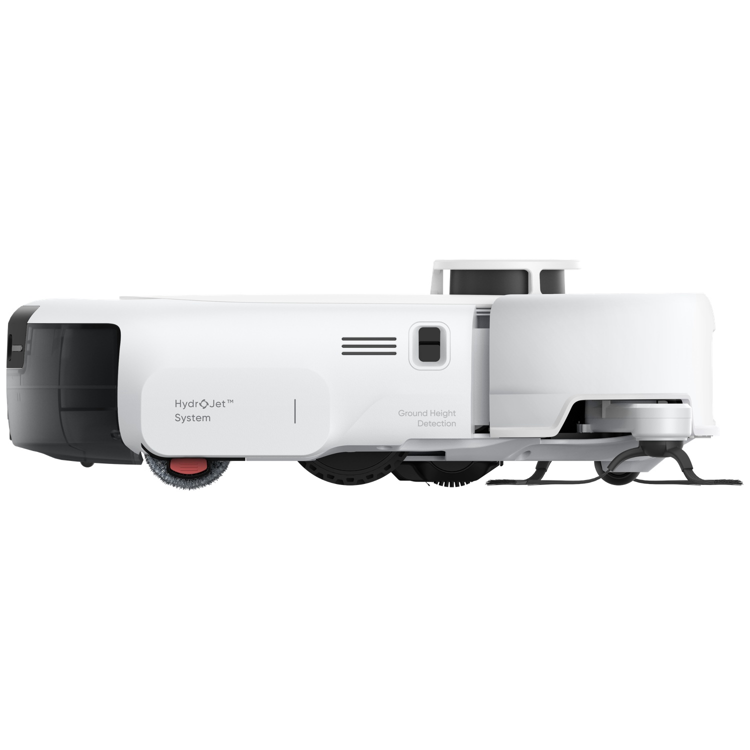 Un aspirateur robot blanc avec des accents noirs et des brosses.