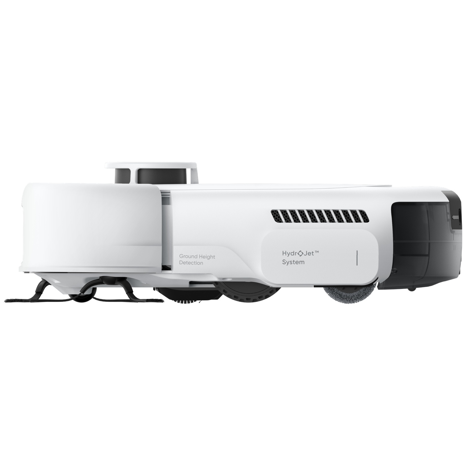 Un aspirateur robot blanc avec roues et brosses noires.