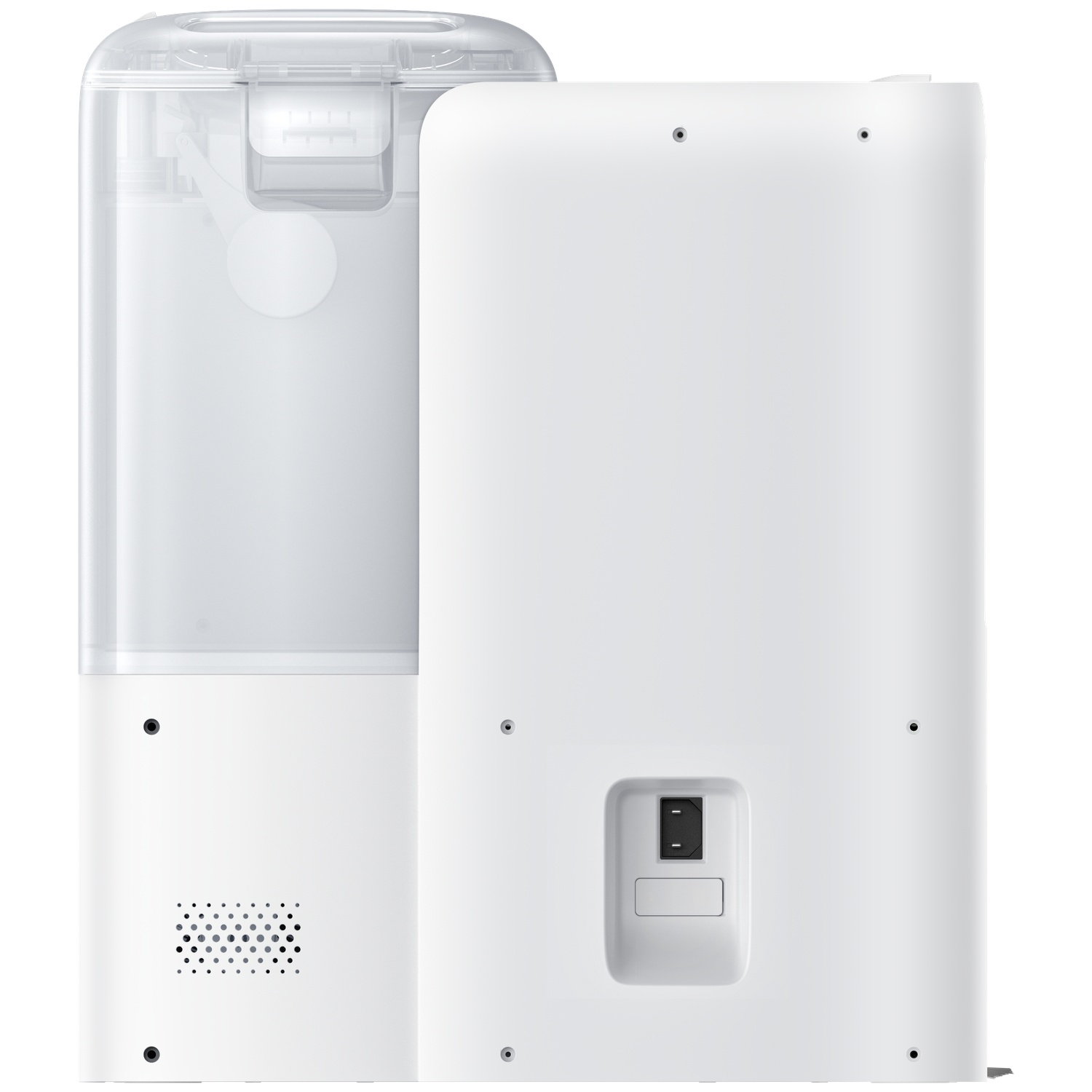 Un appareil blanc avec section supérieure transparente et prise électrique.