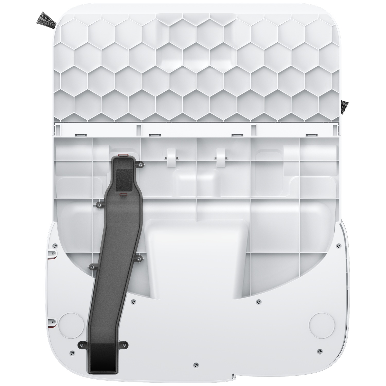 Dessous d'un aspirateur robot blanc avec brosses et motif hexagonal.