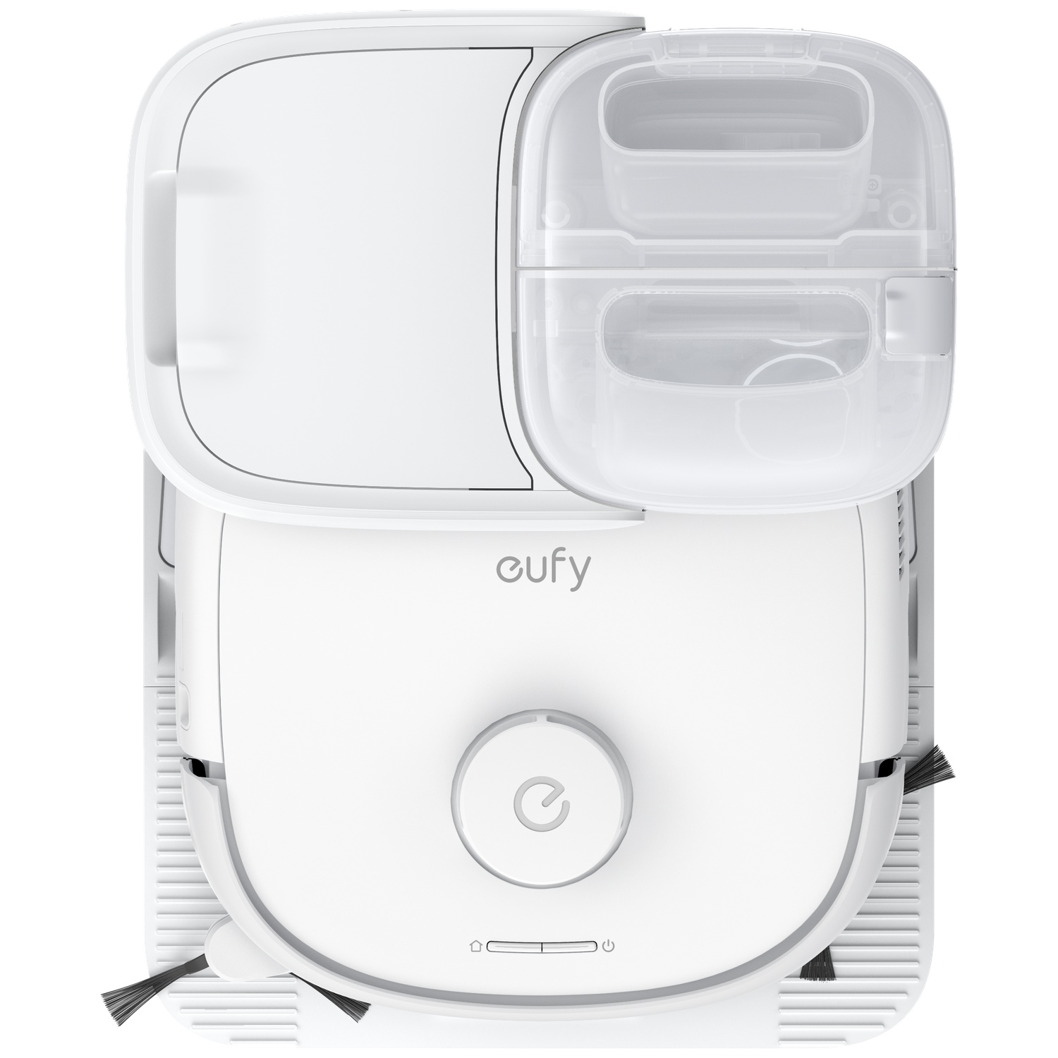 Un aspirateur robot blanc avec logo Eufy et réservoirs transparents.