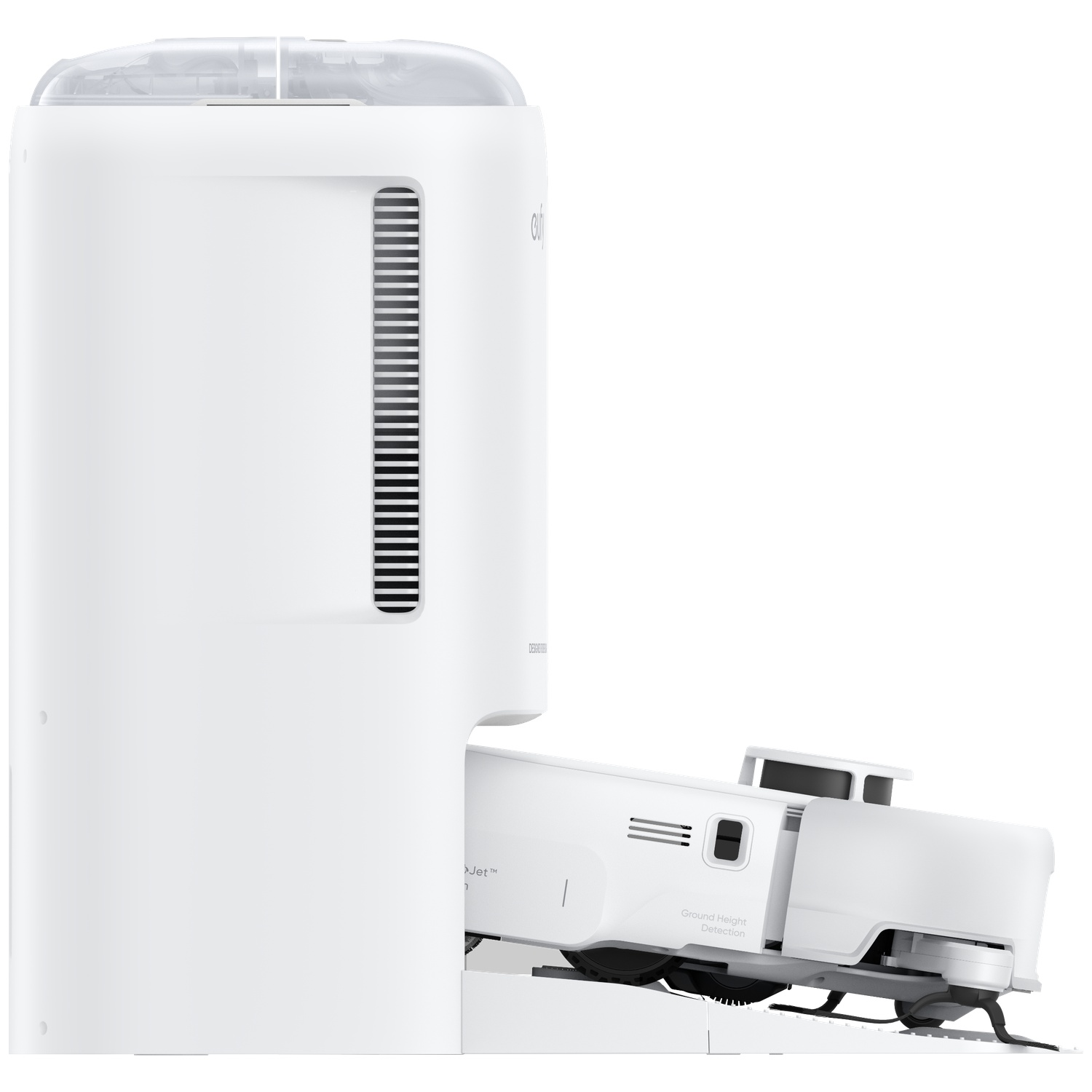 Un aspirateur robot blanc monte sur une station de charge blanche avec aérateurs.