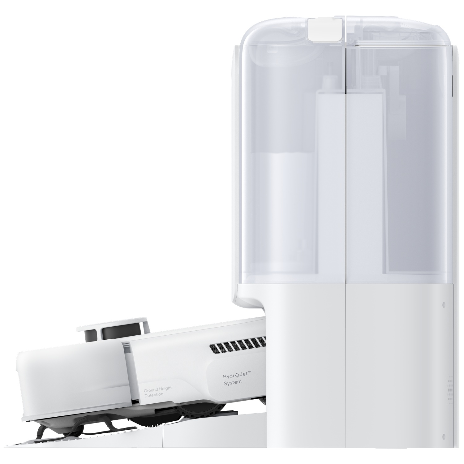 Un aspirateur robot blanc avec un réservoir d'eau transparent et un système de détection de hauteur.