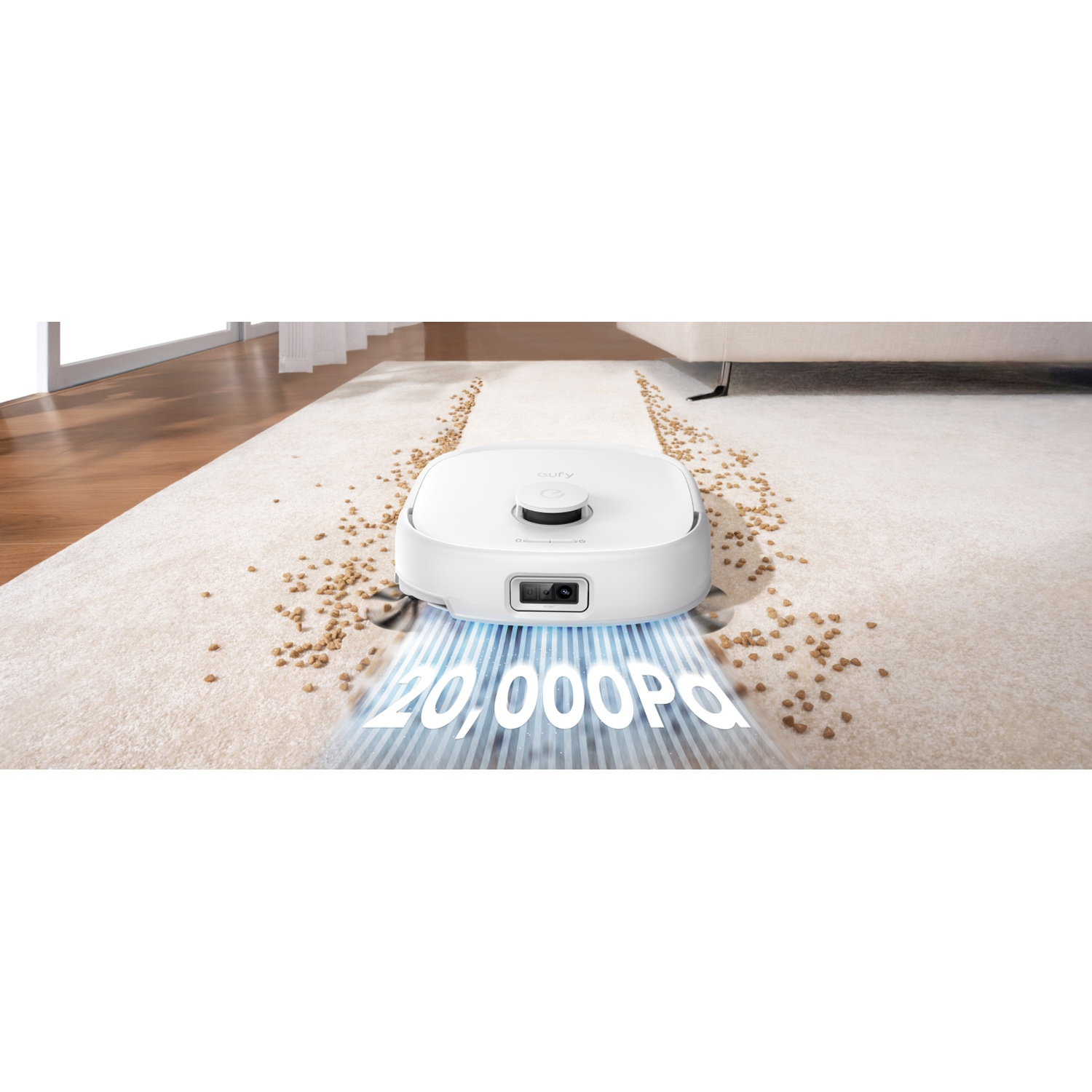 Un robot aspirateur blanc nettoie un tapis clair avec 20 000 Pa.