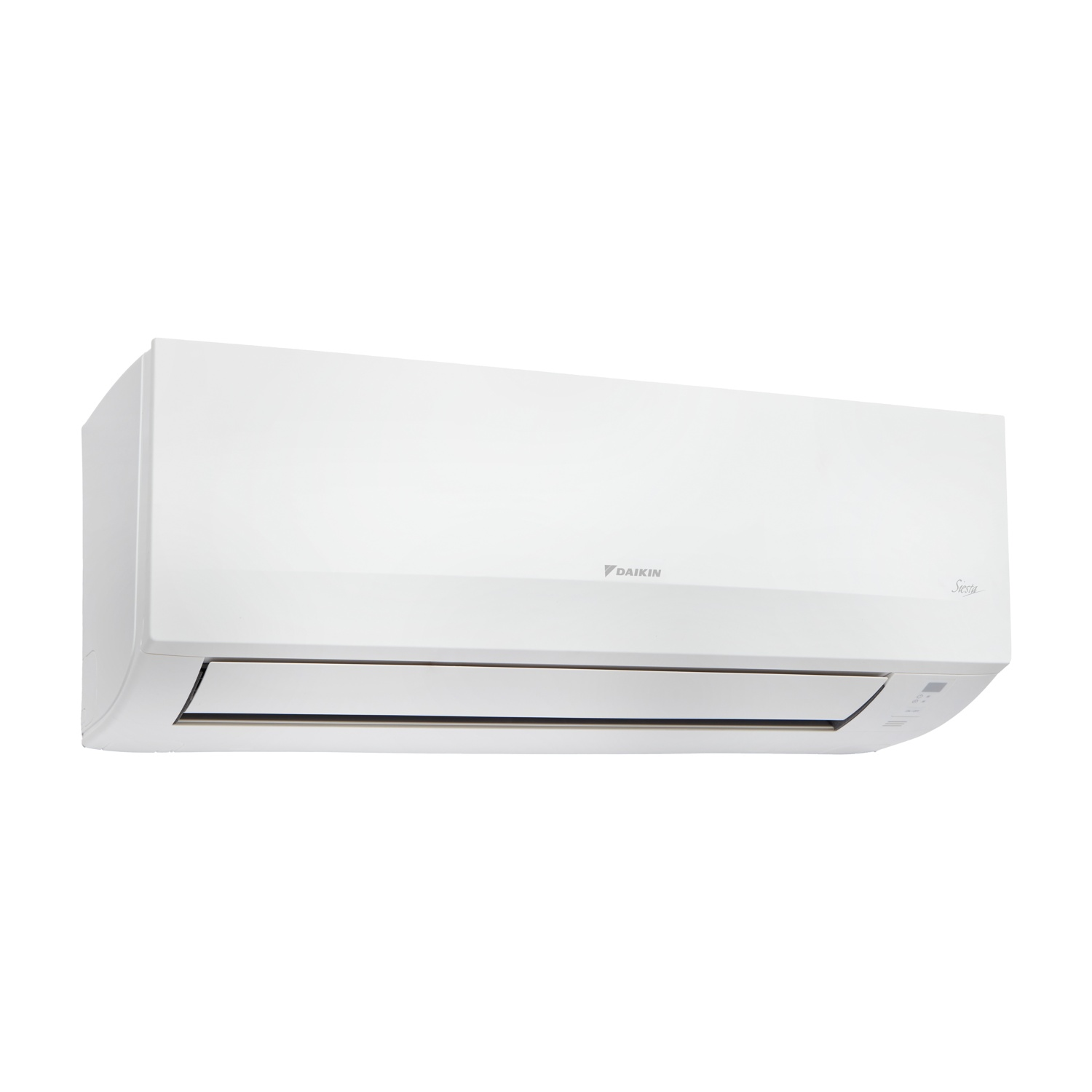 Un condizionatore Daikin bianco con alette e un piccolo display a destra.