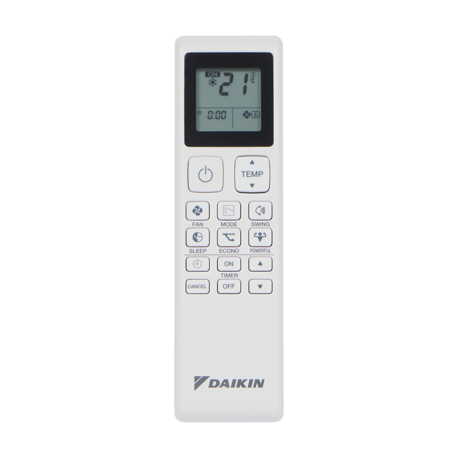 Un telecomando Daikin bianco con schermo LCD che mostra 21 gradi.