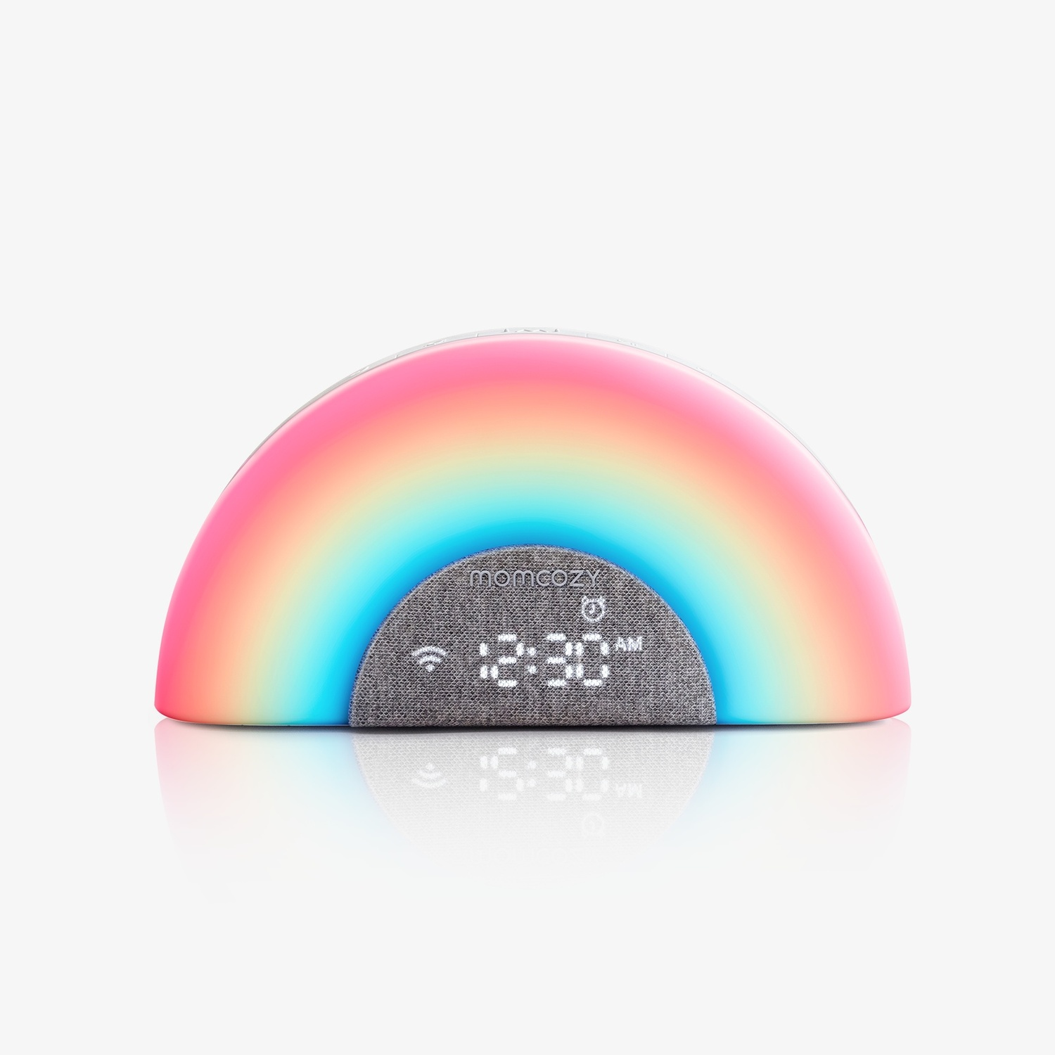 Luce notturna a forma di arcobaleno con orologio digitale e frontale in tessuto.