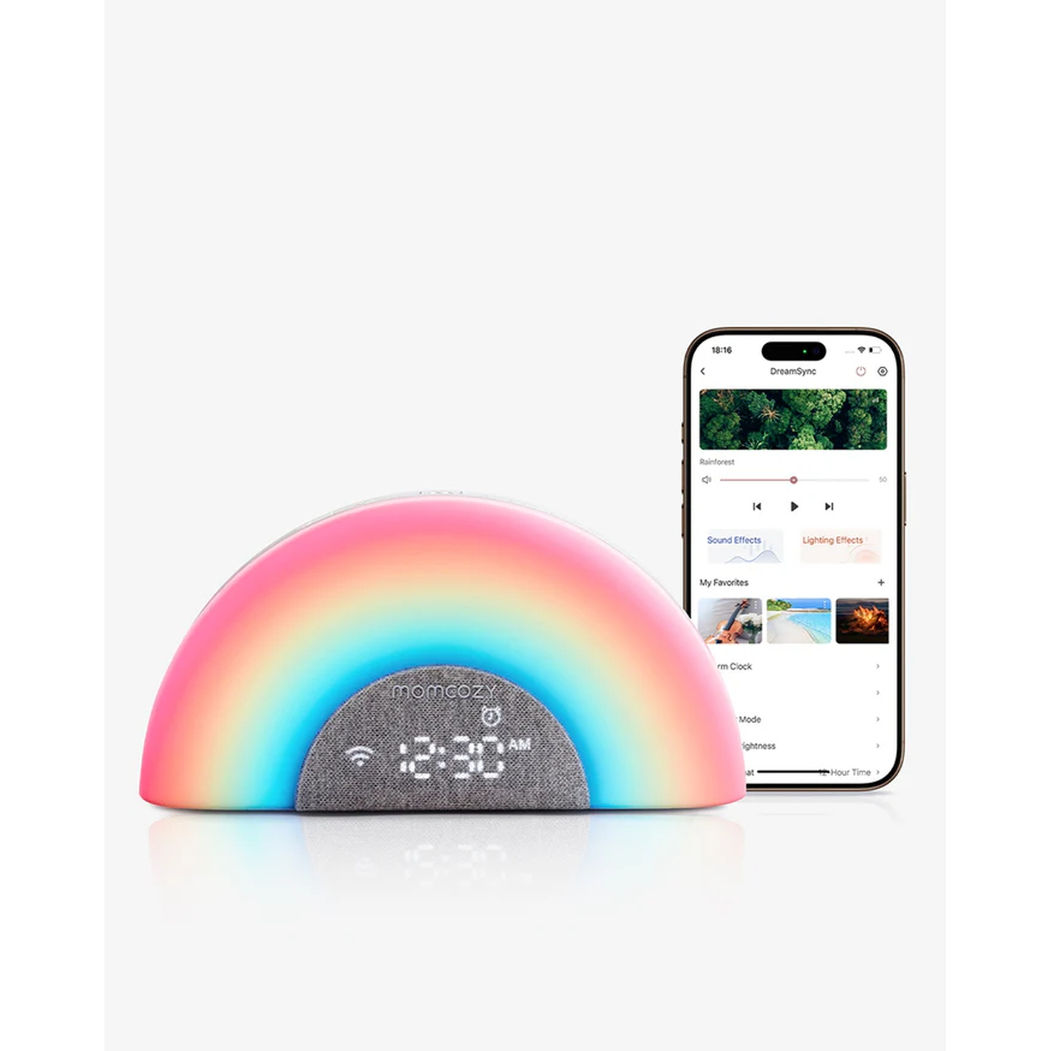 Una colorata luce notturna arcobaleno con orologio digitale e app per smartphone.