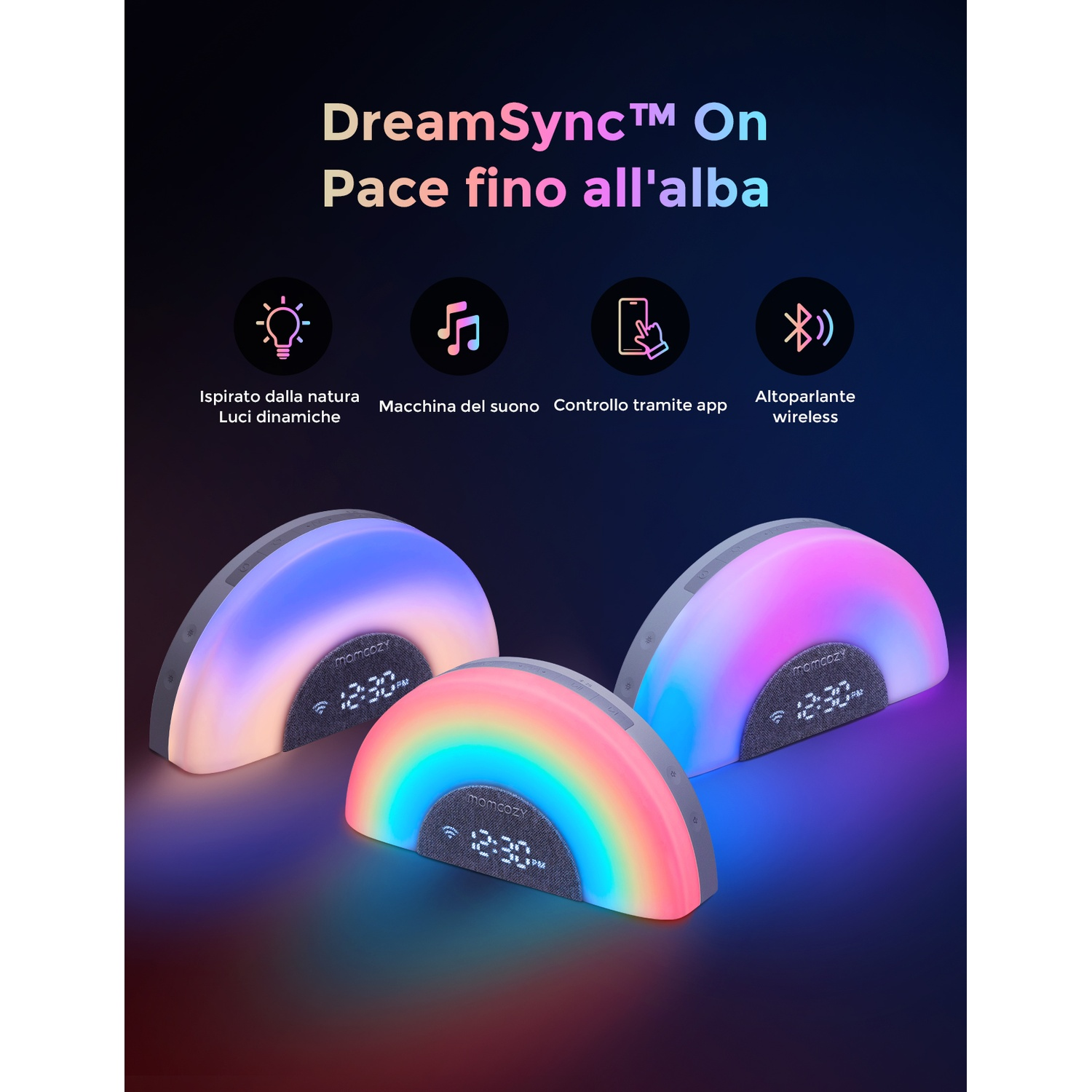Tre lampade da comodino a forma di arcobaleno con orologi digitali e luci colorate.