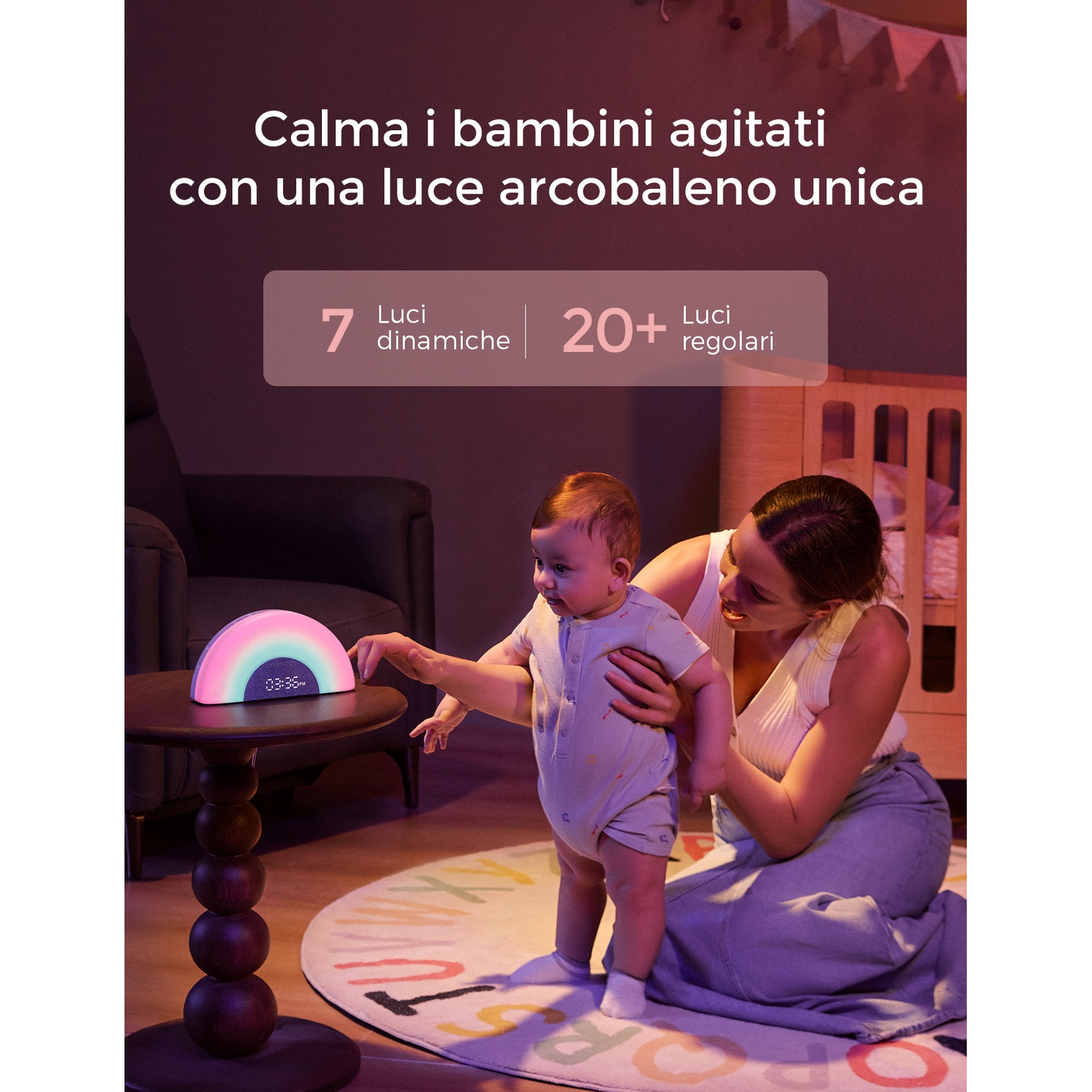 Donna e neonato vicino a una luce arcobaleno su un tavolino. Vengono mostrate varie opzioni.