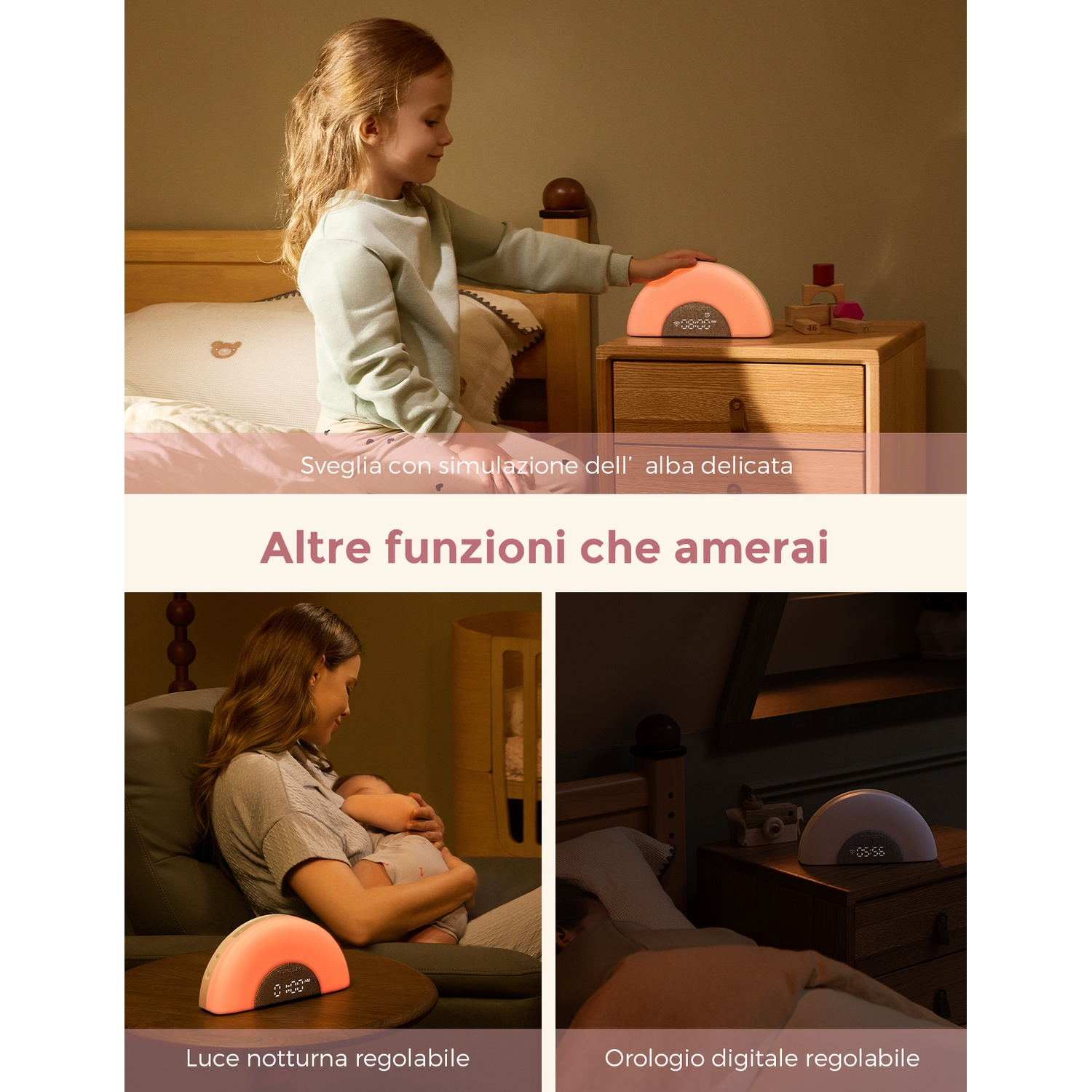 Bambina tocca lampada da comodino, madre con neonato, lampada da comodino.